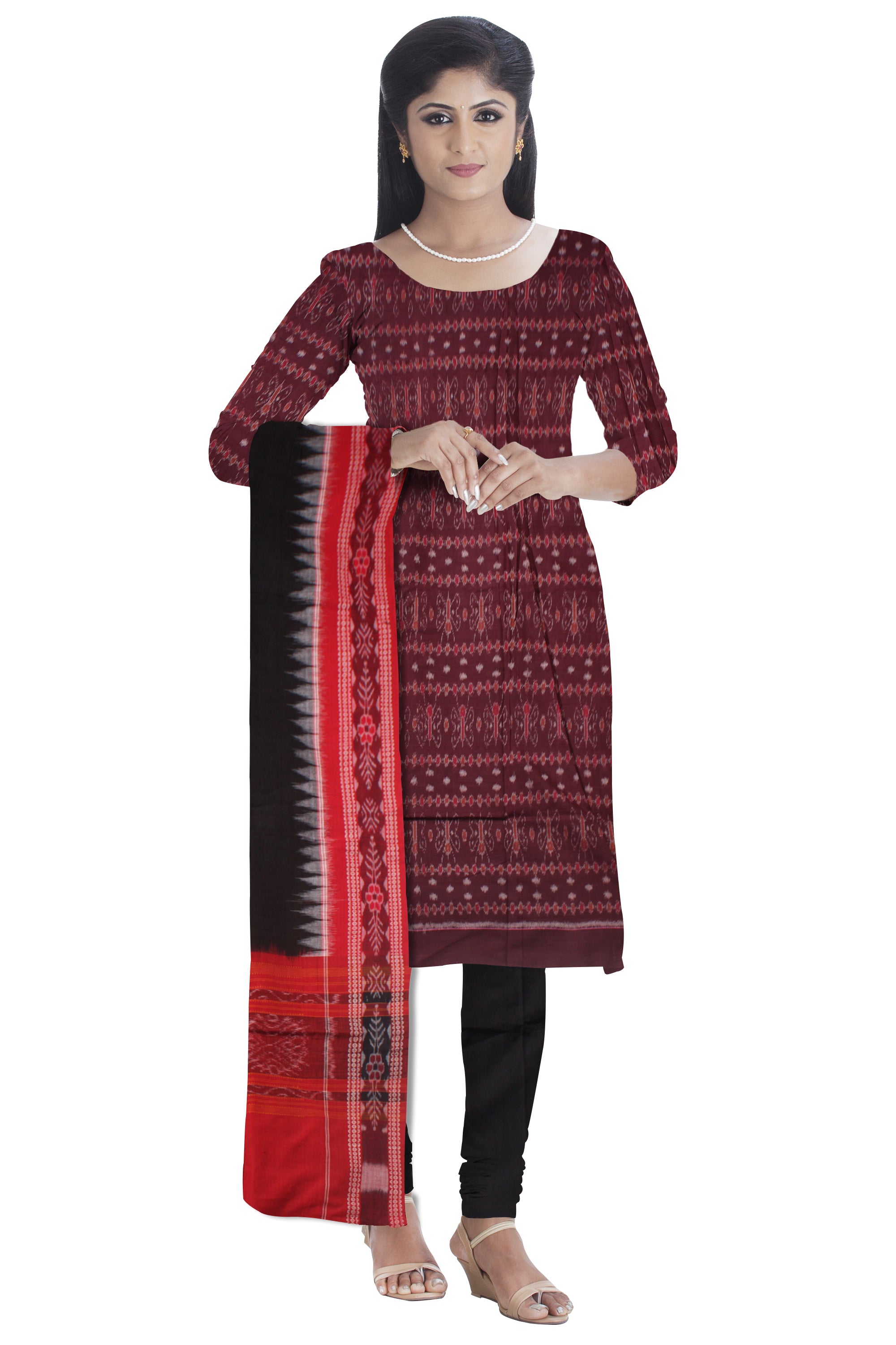 Cotton Dress Material in Beautiful  Coffee, Black and Red color with Pasapali design. Contrast Dupatta  UNSTITCHED DRESS SET - Koshali Arts & Crafts Enterprise