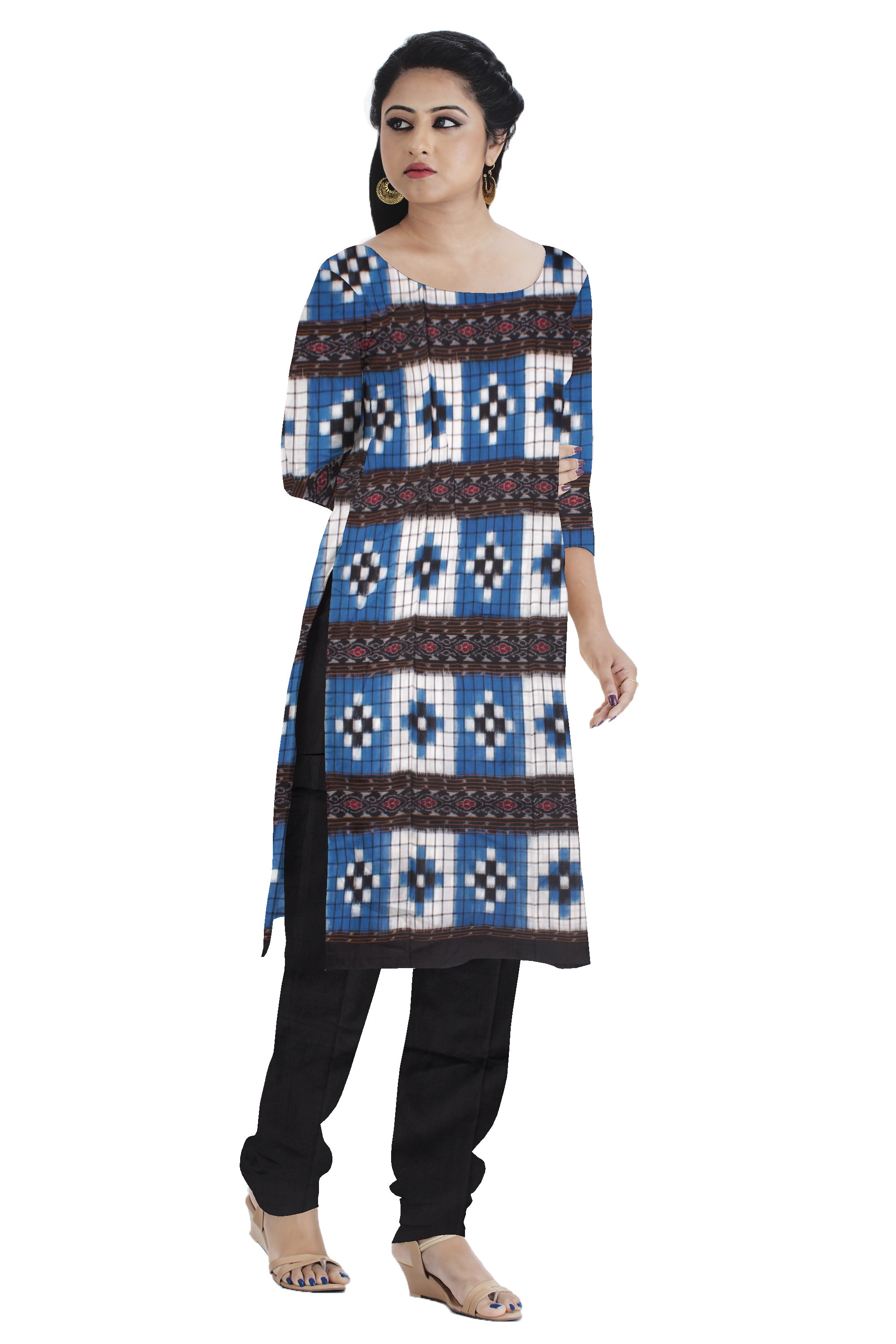 Cotton Dress Material in Beautiful  Sky blue and Black color with Pasapali design. Contrast Dupatta  UNSTITCHED DRESS SET - Koshali Arts & Crafts Enterprise