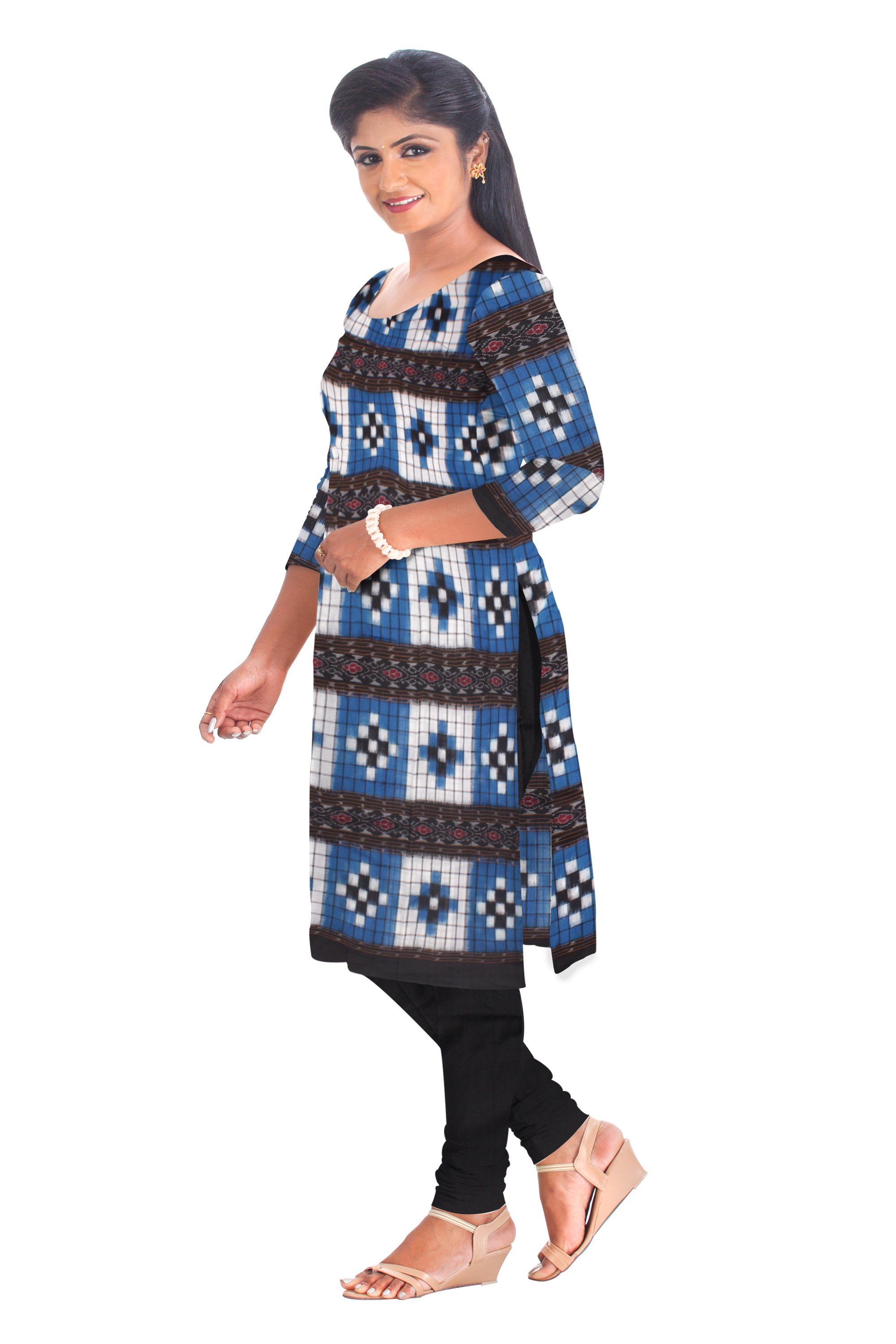 Cotton Dress Material in Beautiful  Sky blue and Black color with Pasapali design. Contrast Dupatta  UNSTITCHED DRESS SET - Koshali Arts & Crafts Enterprise