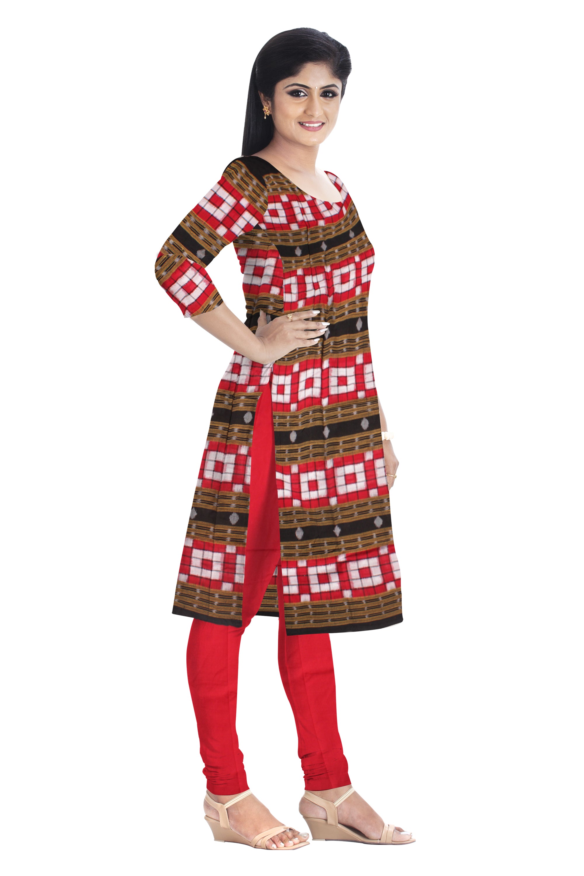 Unstitched Dress  Material in Beautiful Red and Black color with Pasapali design. Black Dupatta Set. - Koshali Arts & Crafts Enterprise