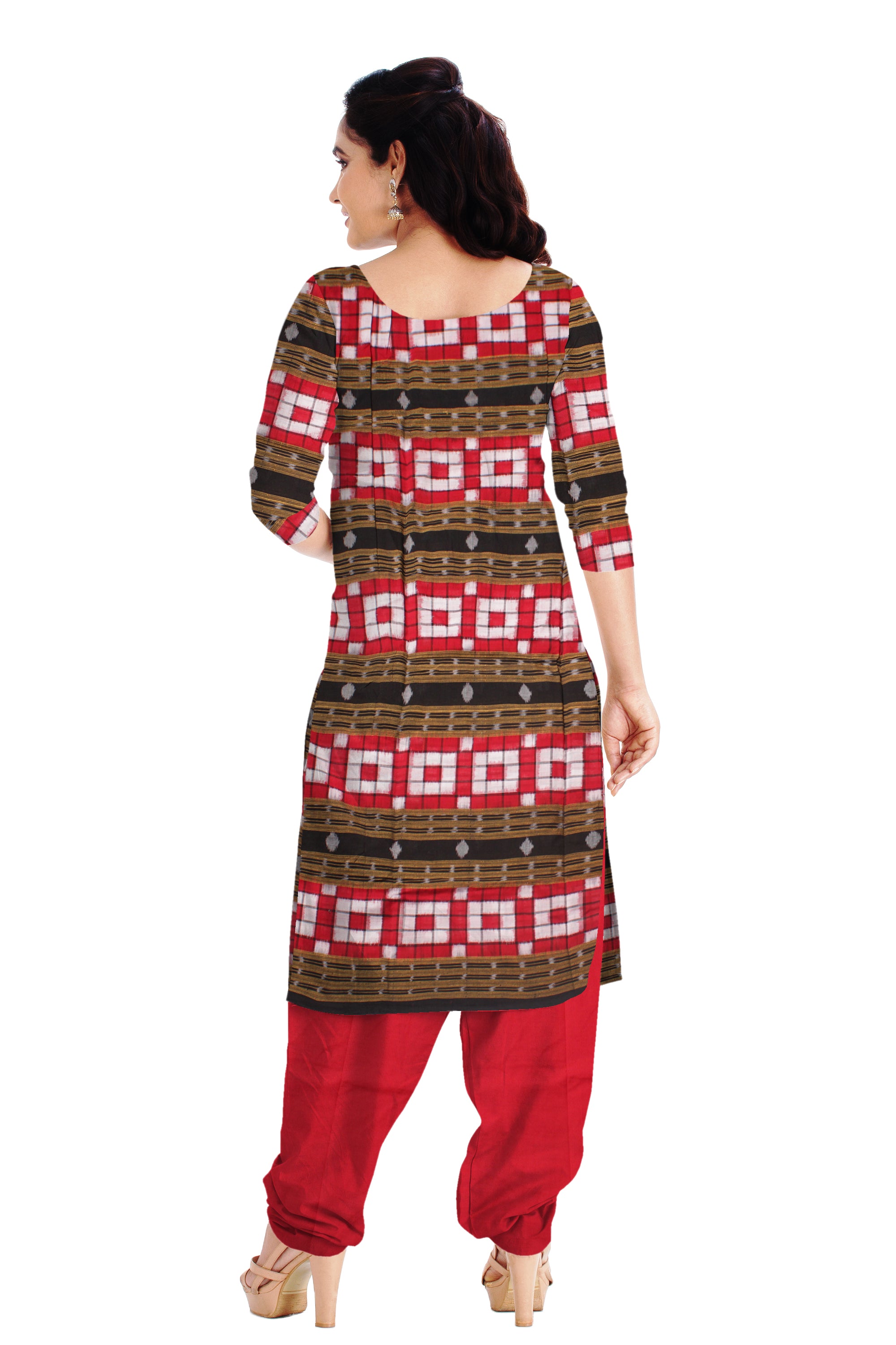 Unstitched Dress  Material in Beautiful Red and Black color with Pasapali design. Black Dupatta Set. - Koshali Arts & Crafts Enterprise