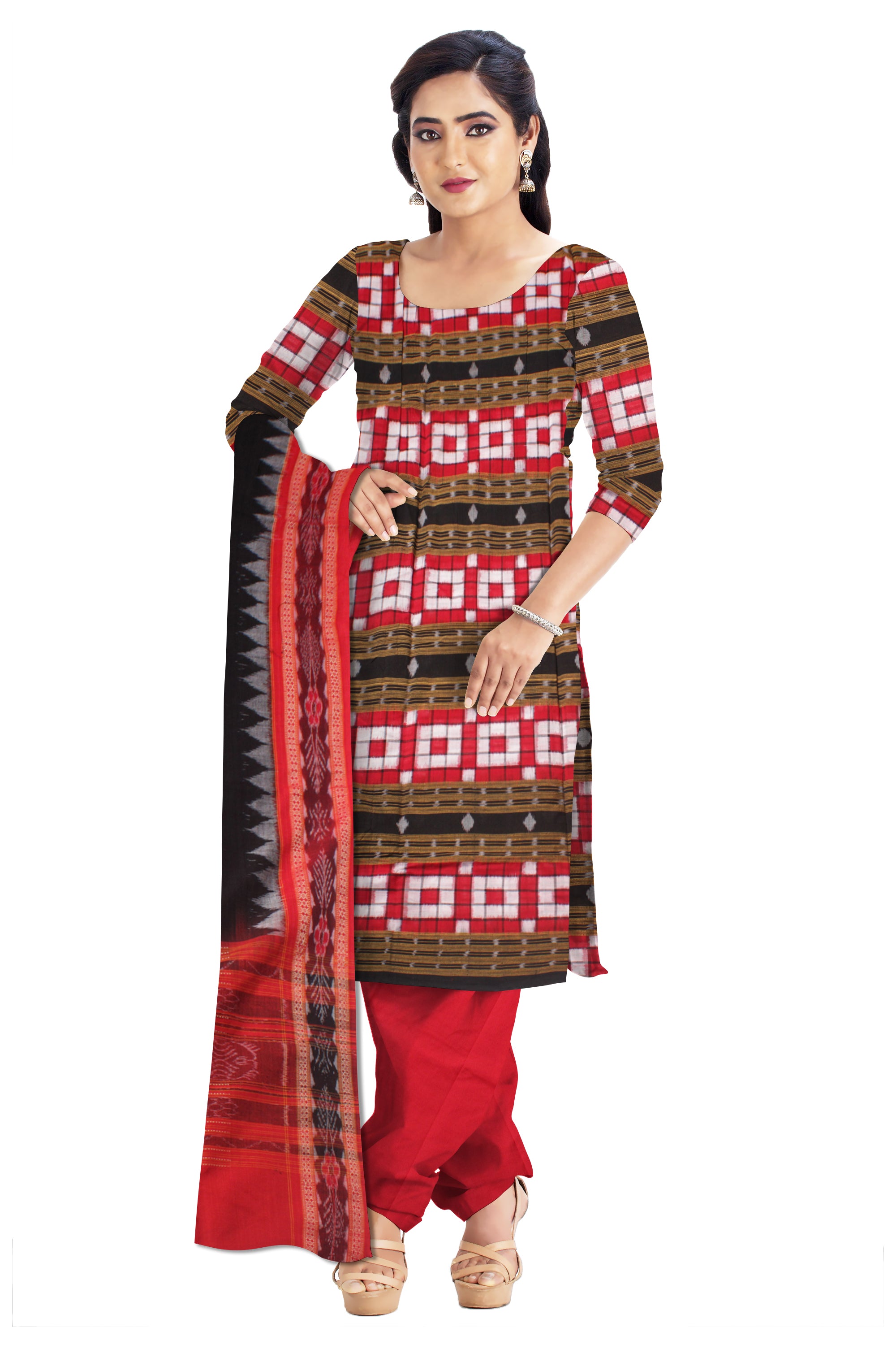 Unstitched Dress  Material in Beautiful Red and Black color with Pasapali design. Black Dupatta Set. - Koshali Arts & Crafts Enterprise