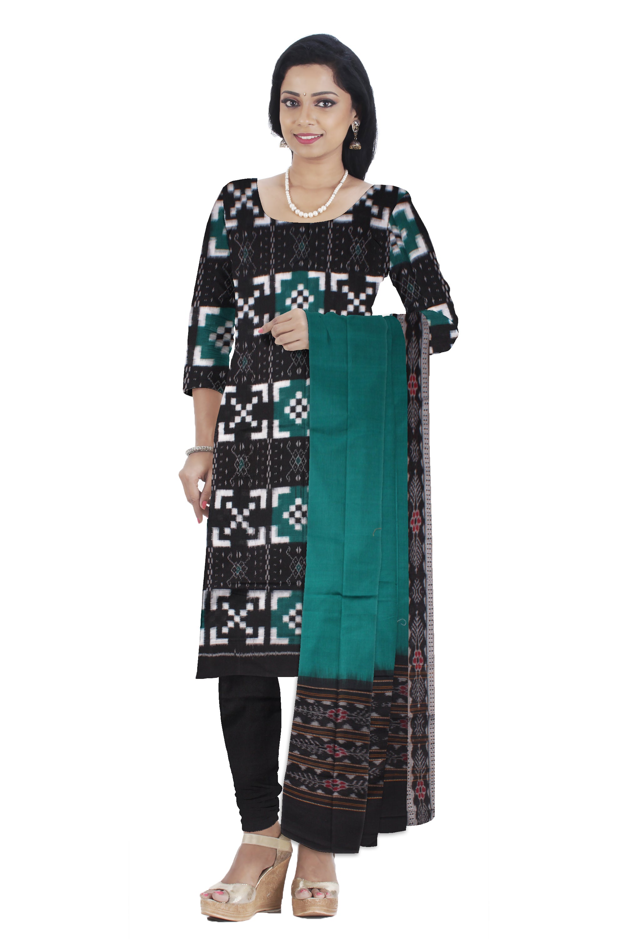 Cotton Dress Material in Beautiful Dark-green and Black color with Pasapali design. Contrast Dupatta  UNSTITCHED DRESS SET - Koshali Arts & Crafts Enterprise