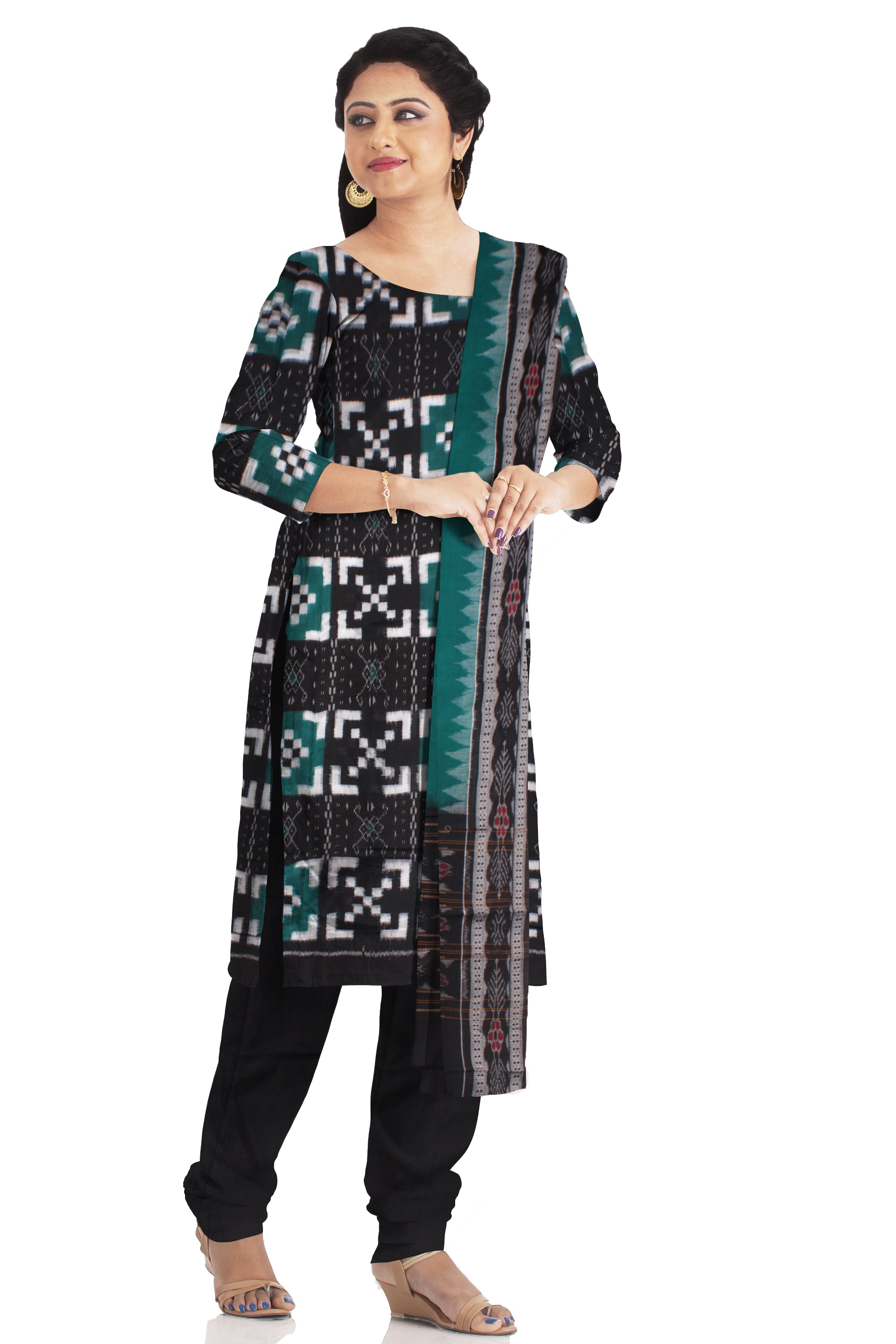 Cotton Dress Material in Beautiful Dark-green and Black color with Pasapali design. Contrast Dupatta  UNSTITCHED DRESS SET - Koshali Arts & Crafts Enterprise