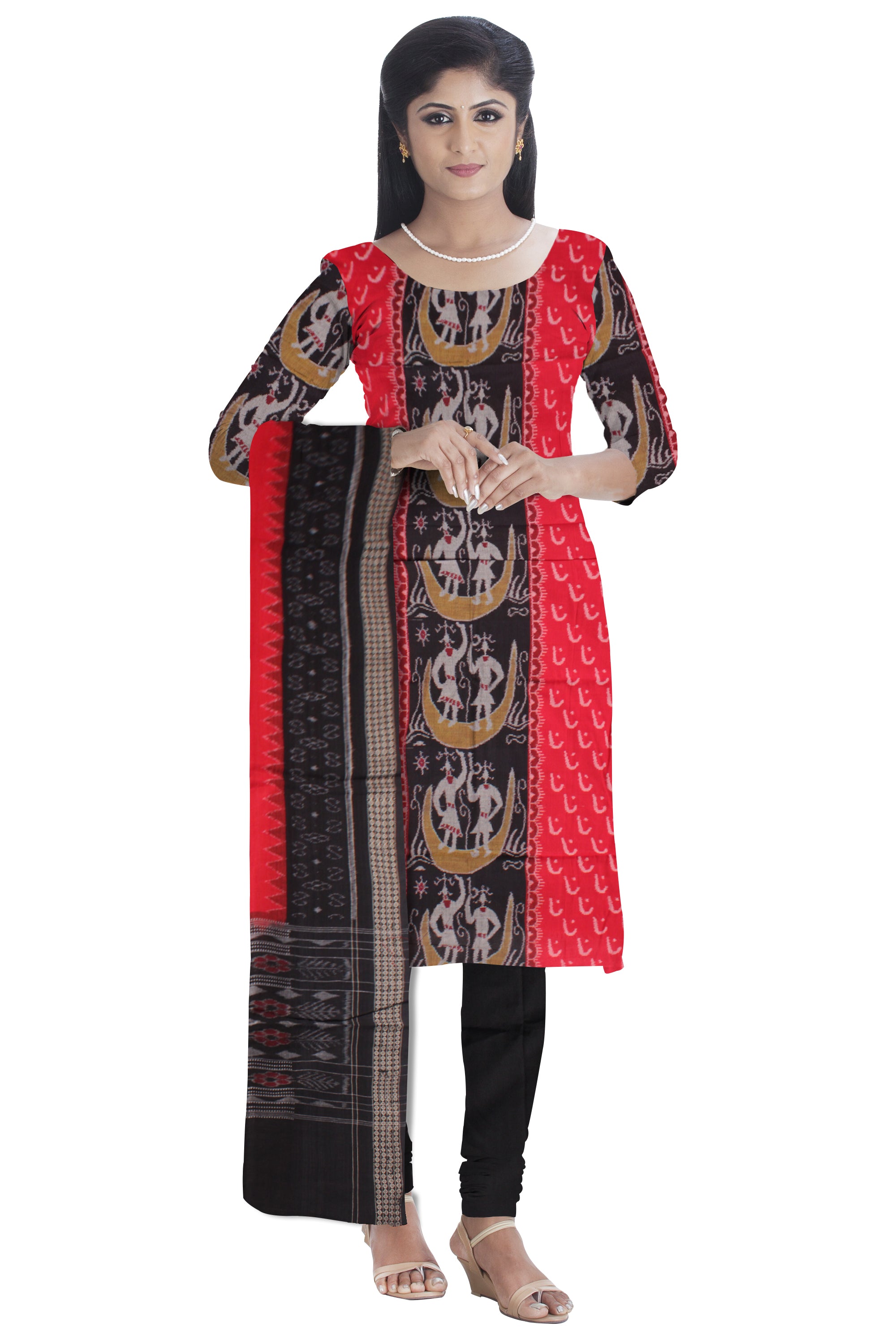 Beautiful cotton dress material in White, Red and Black color with terracotta  design. Red Dupatta  UNSTITCHED DRESS SET - Koshali Arts & Crafts Enterprise