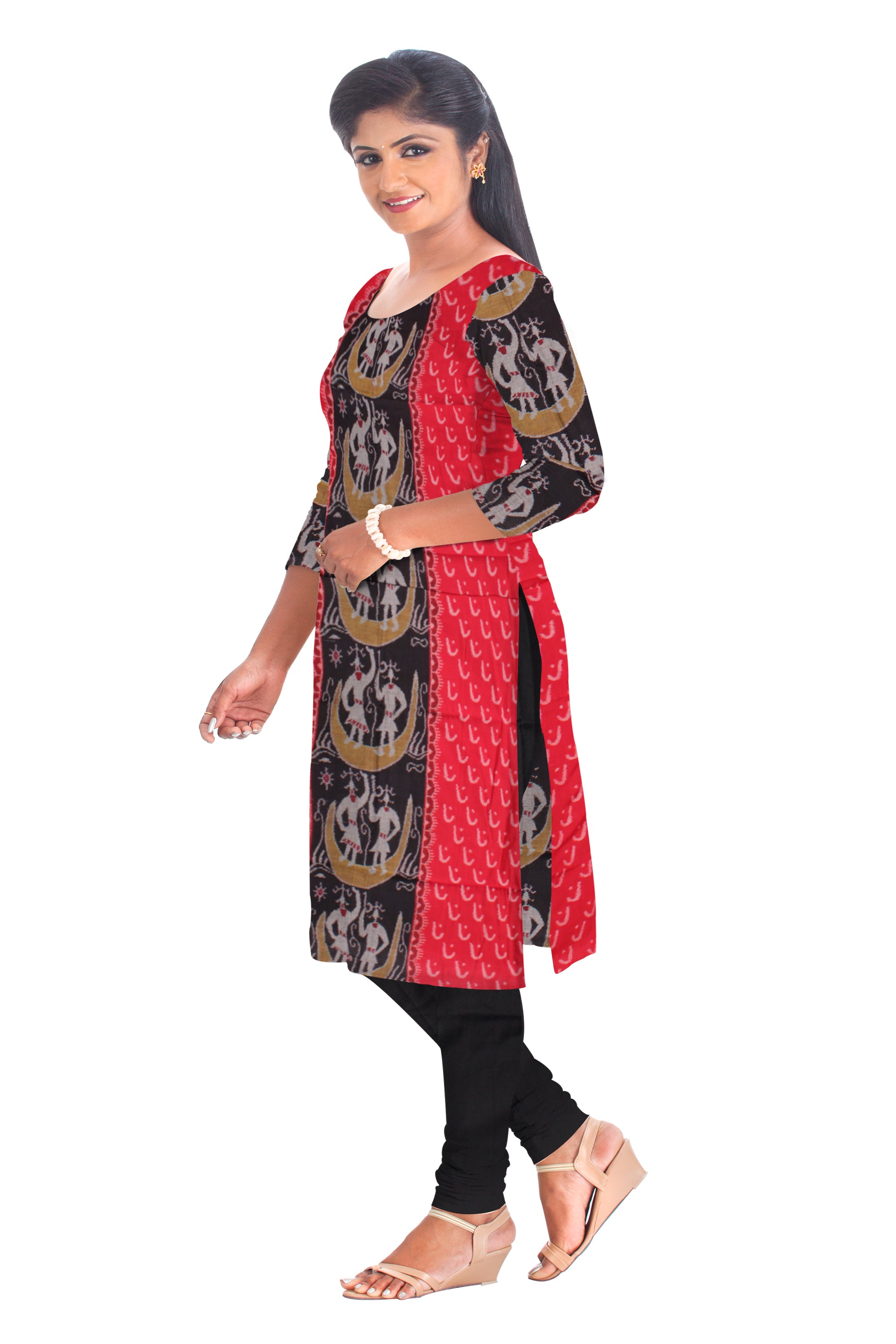 Beautiful cotton dress material in White, Red and Black color with terracotta  design. Red Dupatta  UNSTITCHED DRESS SET - Koshali Arts & Crafts Enterprise