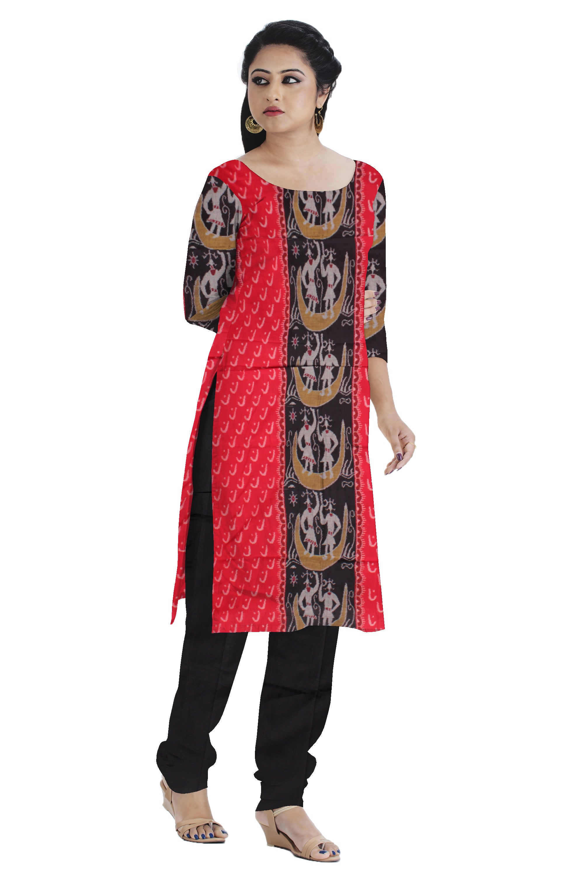 Beautiful cotton dress material in White, Red and Black color with terracotta  design. Red Dupatta  UNSTITCHED DRESS SET - Koshali Arts & Crafts Enterprise