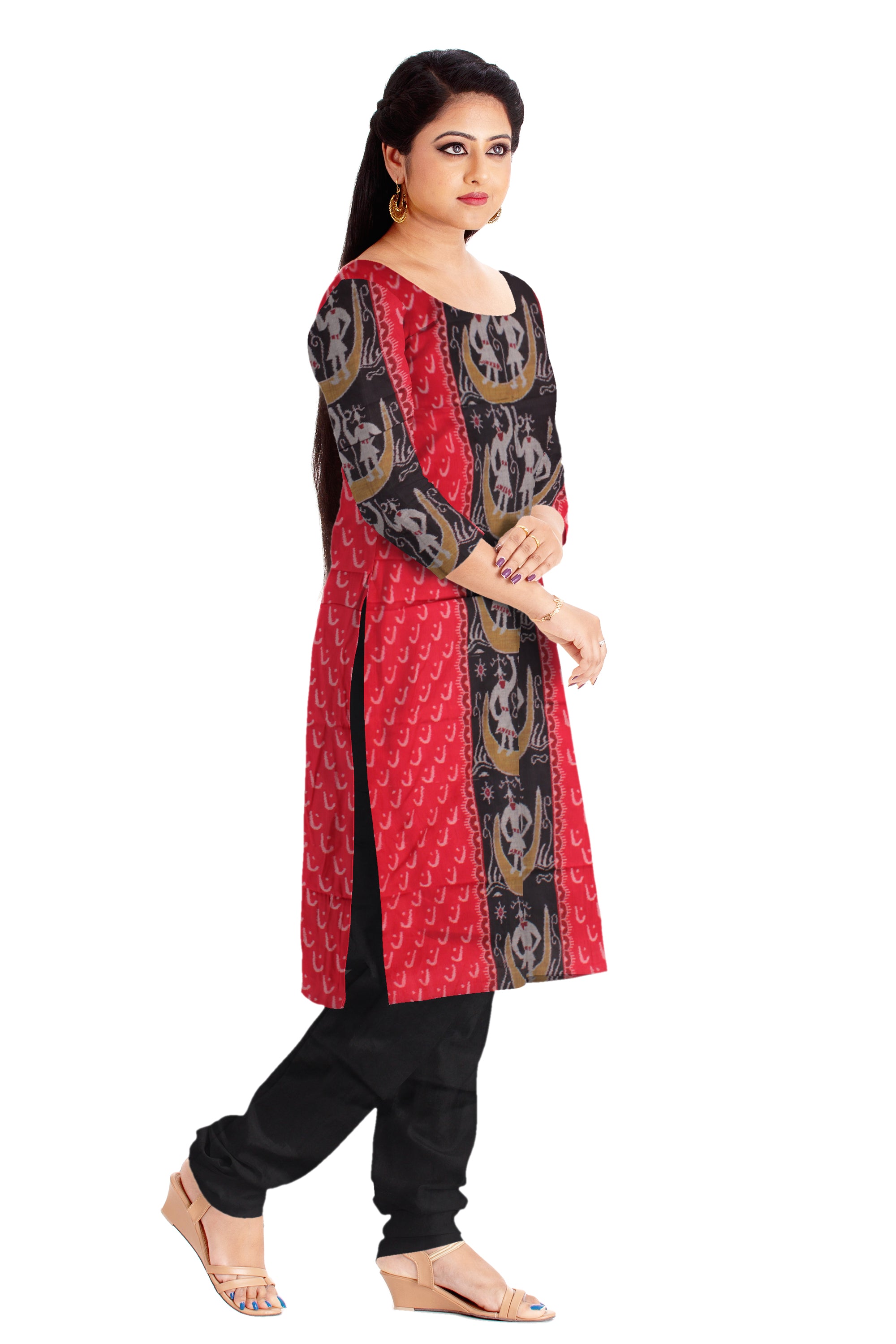 Beautiful cotton dress material in White, Red and Black color with terracotta  design. Red Dupatta  UNSTITCHED DRESS SET - Koshali Arts & Crafts Enterprise