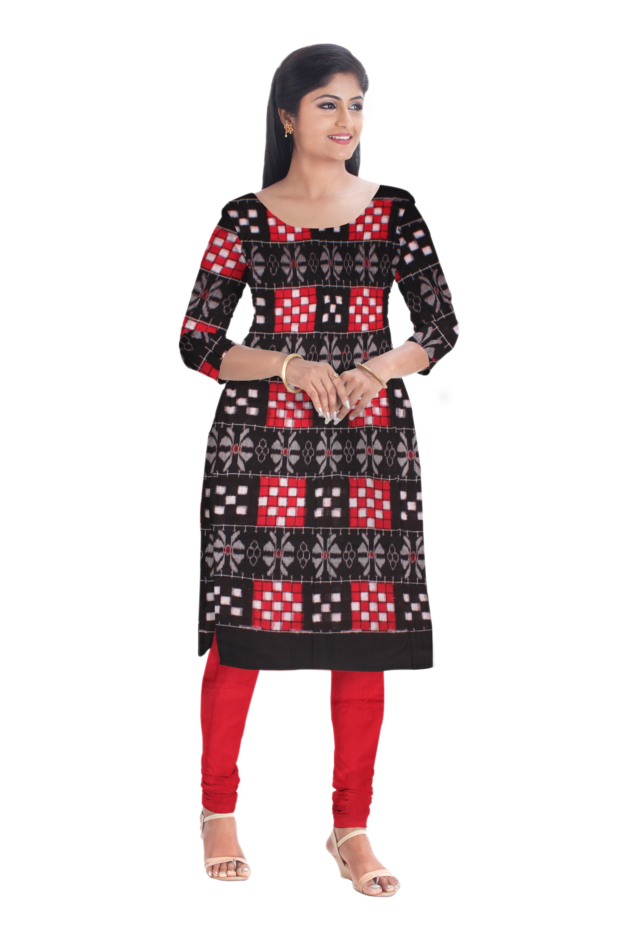 Beautiful Red and Black color Cotton Dress Material with Pasapali design. Contrast Dupatta  UNSTITCHED DRESS SET - Koshali Arts & Crafts Enterprise