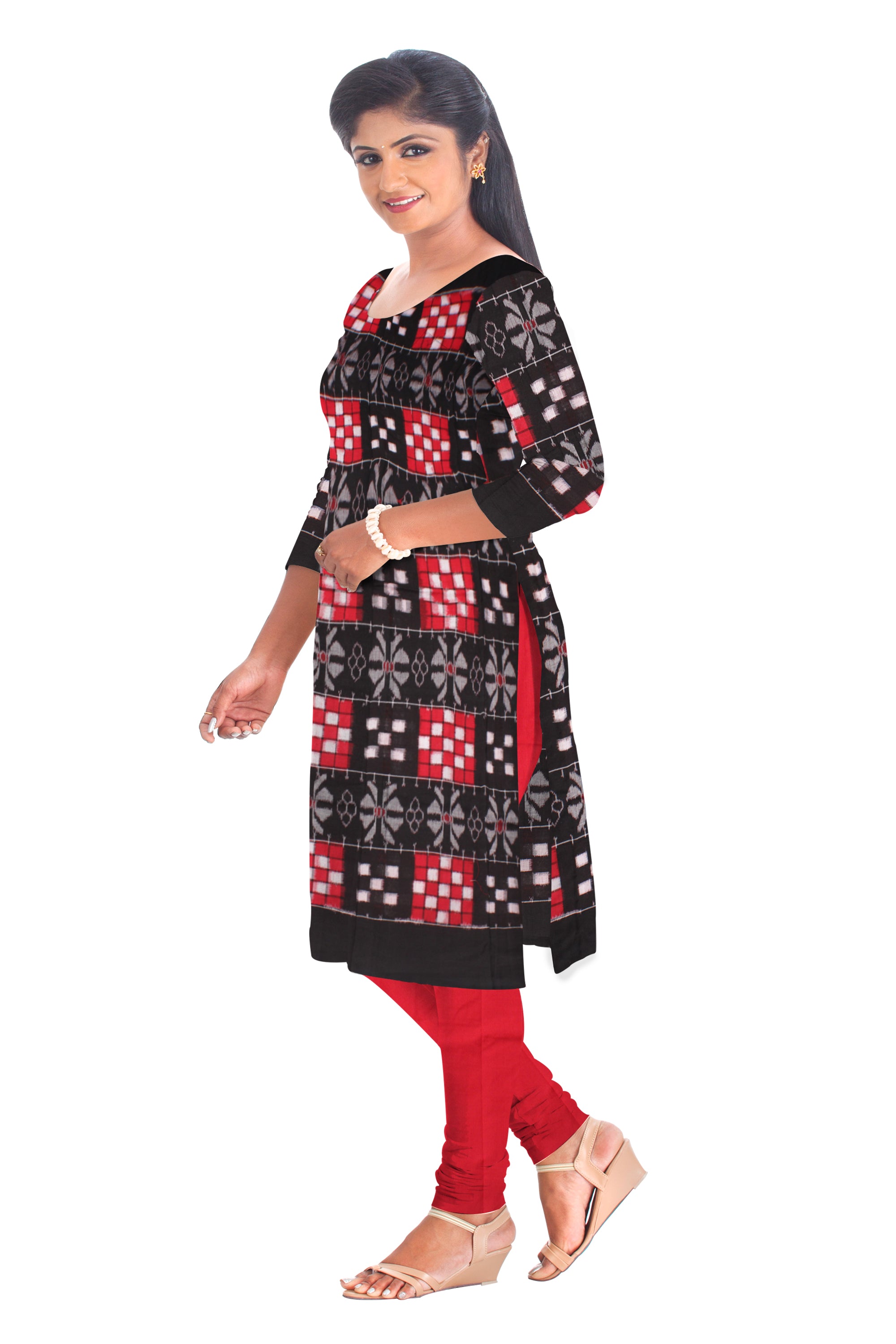 Beautiful Red and Black color Cotton Dress Material with Pasapali design. Contrast Dupatta  UNSTITCHED DRESS SET - Koshali Arts & Crafts Enterprise