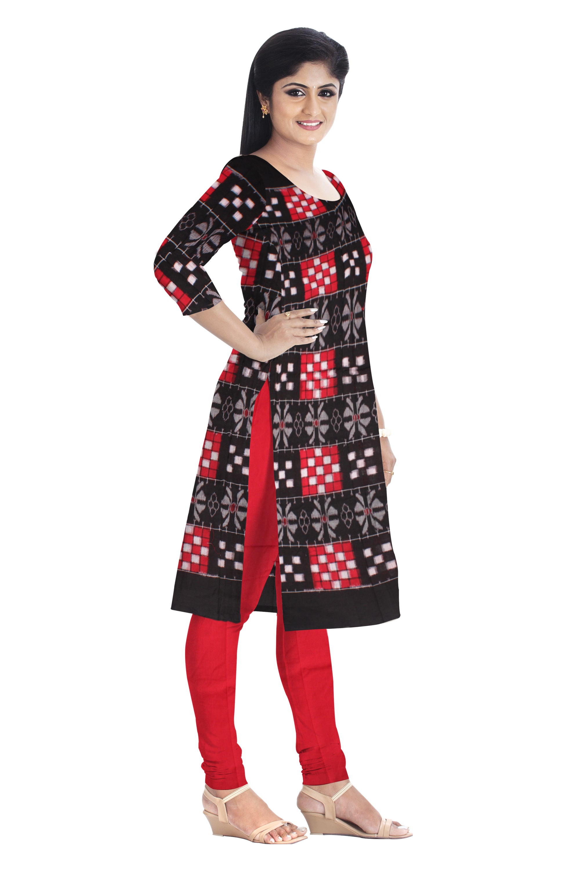 Beautiful Red and Black color Cotton Dress Material with Pasapali design. Contrast Dupatta  UNSTITCHED DRESS SET - Koshali Arts & Crafts Enterprise