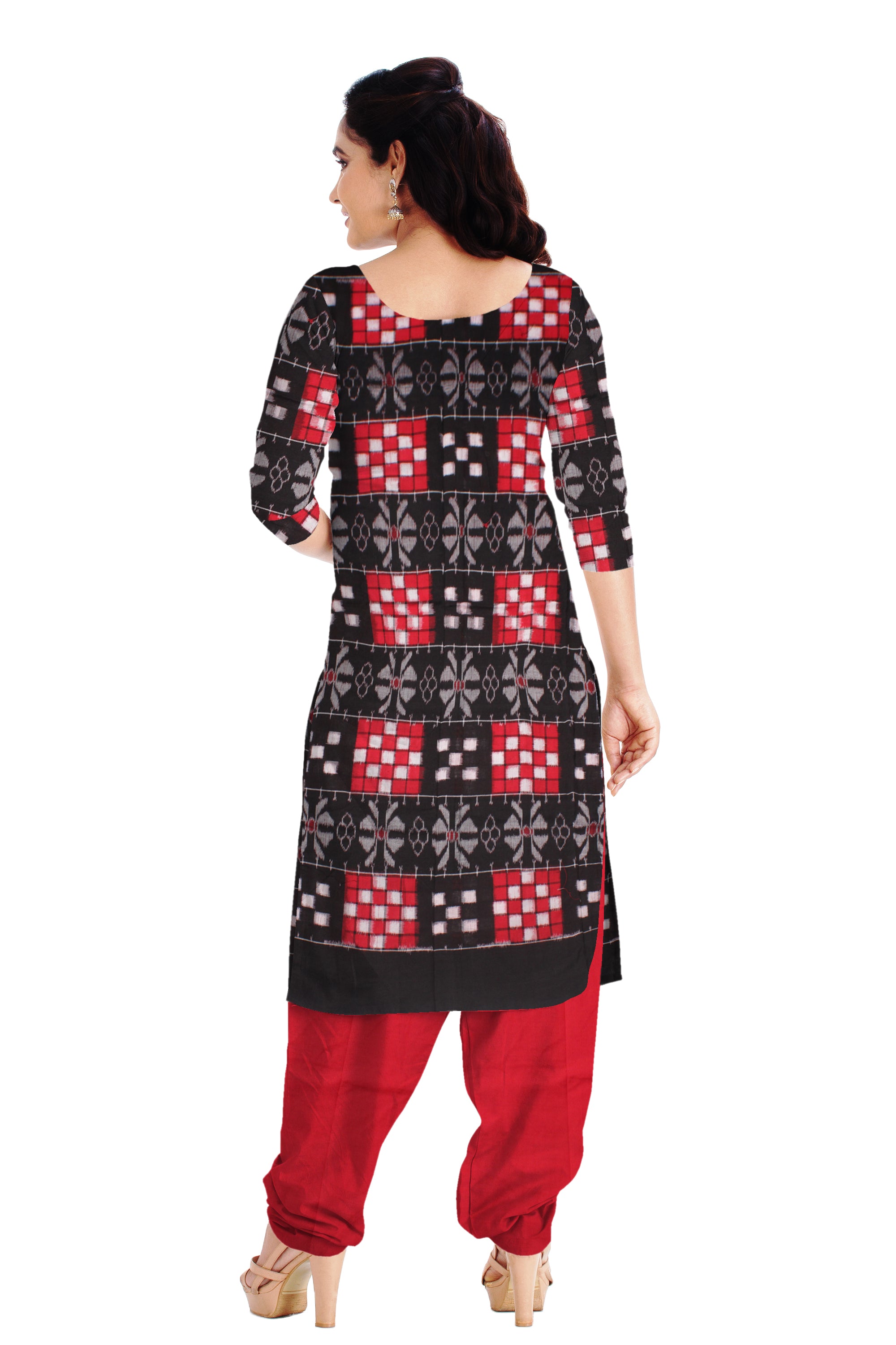 Beautiful Red and Black color Cotton Dress Material with Pasapali design. Contrast Dupatta  UNSTITCHED DRESS SET - Koshali Arts & Crafts Enterprise