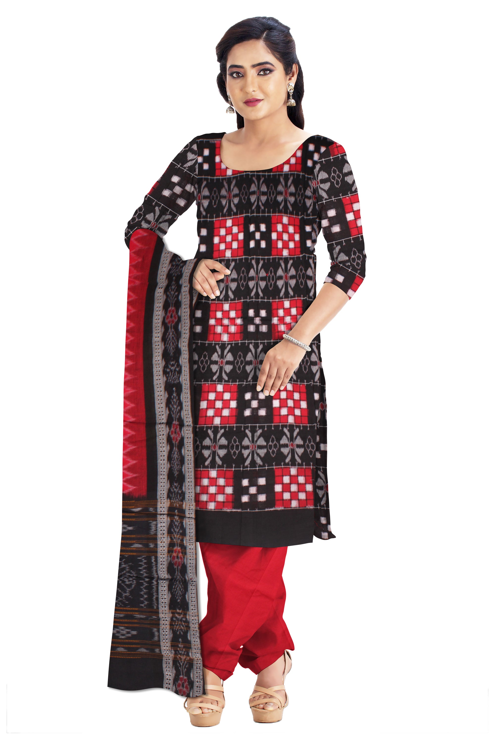 Beautiful Red and Black color Cotton Dress Material with Pasapali design. Contrast Dupatta  UNSTITCHED DRESS SET - Koshali Arts & Crafts Enterprise