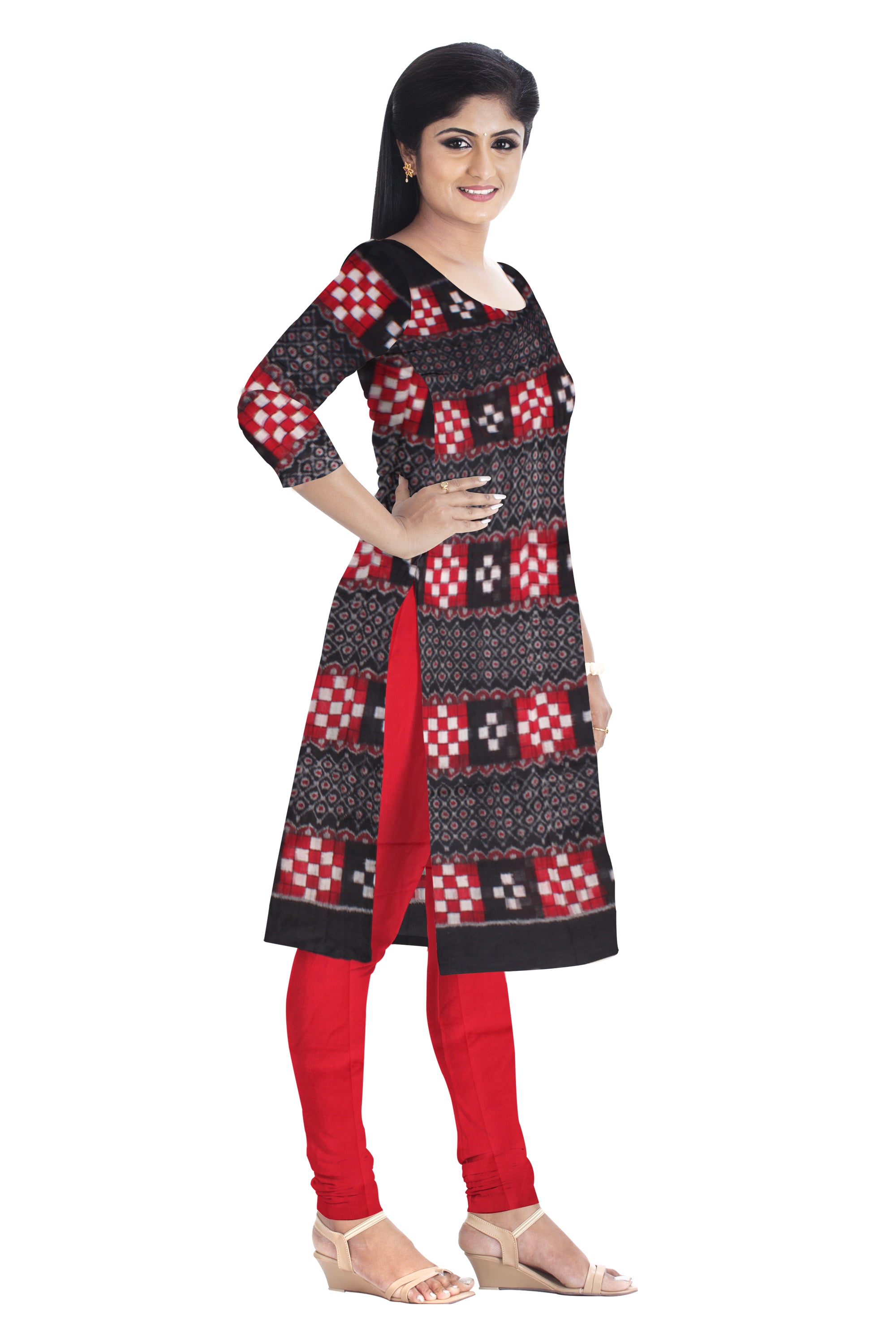 Pasapali design cotton unstitched dress material comes with black and red colour. And Dupatta in red colour  DRESS SET - Koshali Arts & Crafts Enterprise