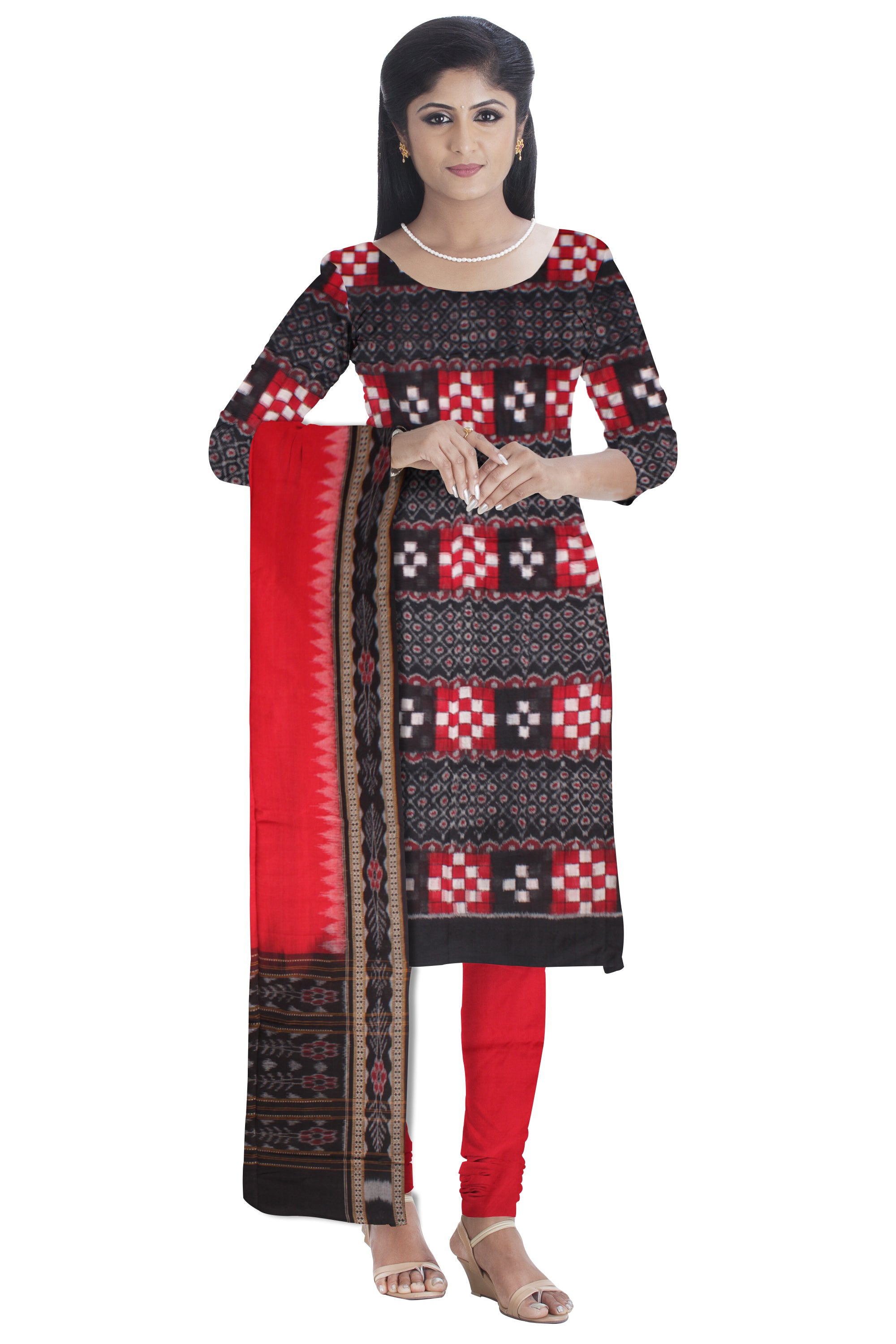 Pasapali design cotton unstitched dress material comes with black and red colour. And Dupatta in red colour  DRESS SET - Koshali Arts & Crafts Enterprise