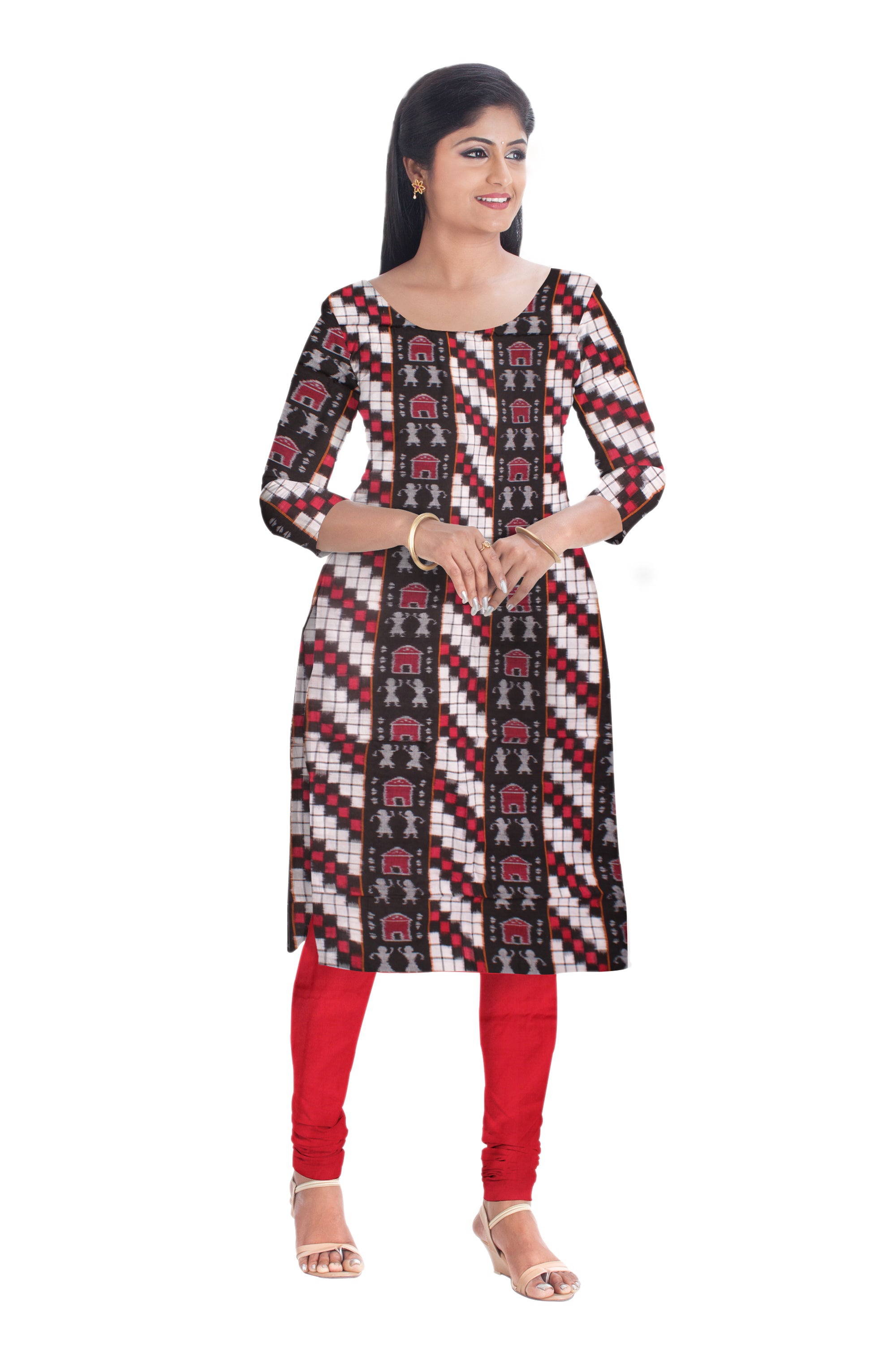 Cotton Dress Material in terracotta and pasapali pattern White, Red and Black color. Black and red colour  Dupatta  UNSTITCHED DRESS SET - Koshali Arts & Crafts Enterprise
