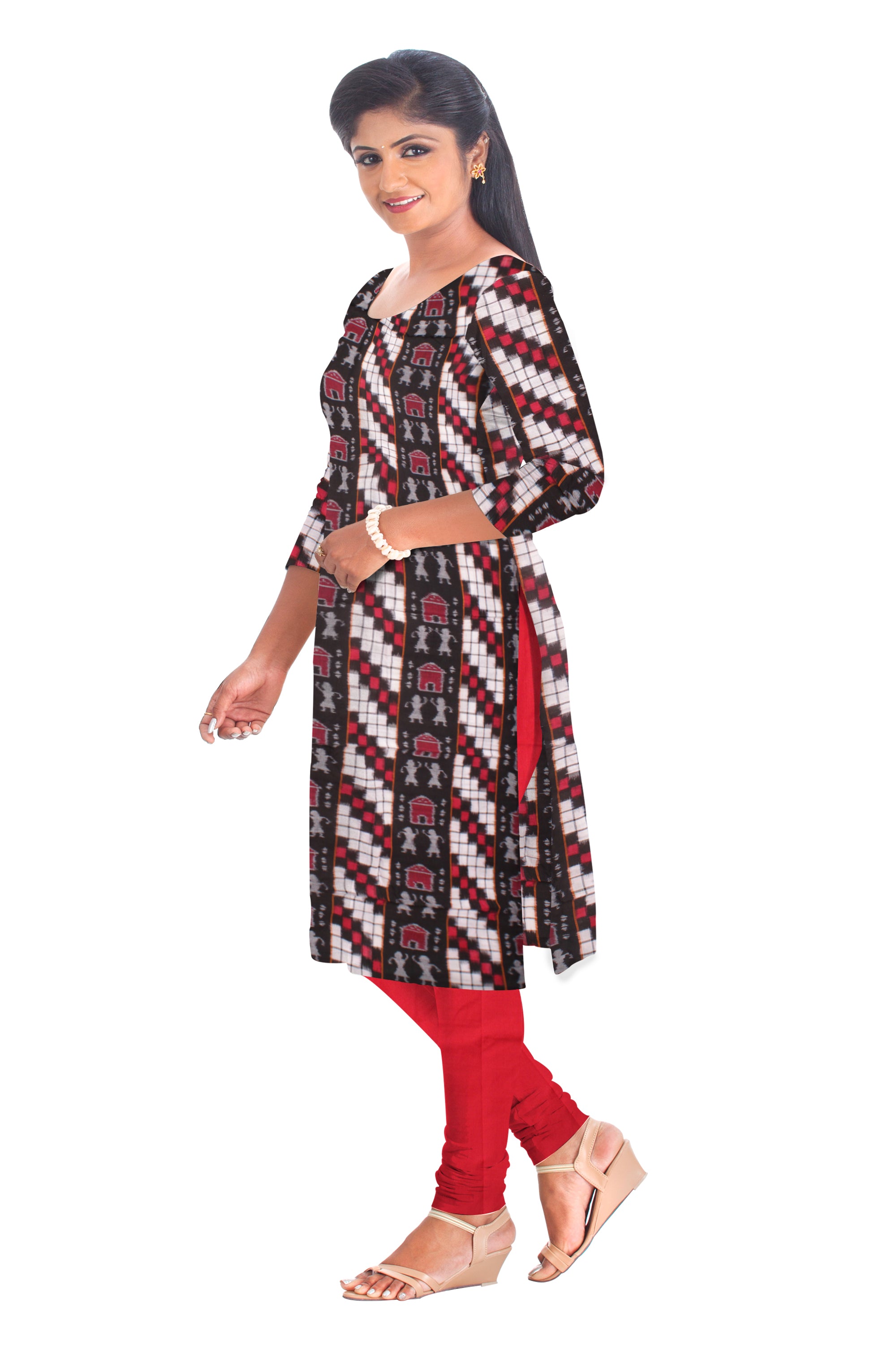 Cotton Dress Material in terracotta and pasapali pattern White, Red and Black color. Black and red colour  Dupatta  UNSTITCHED DRESS SET - Koshali Arts & Crafts Enterprise