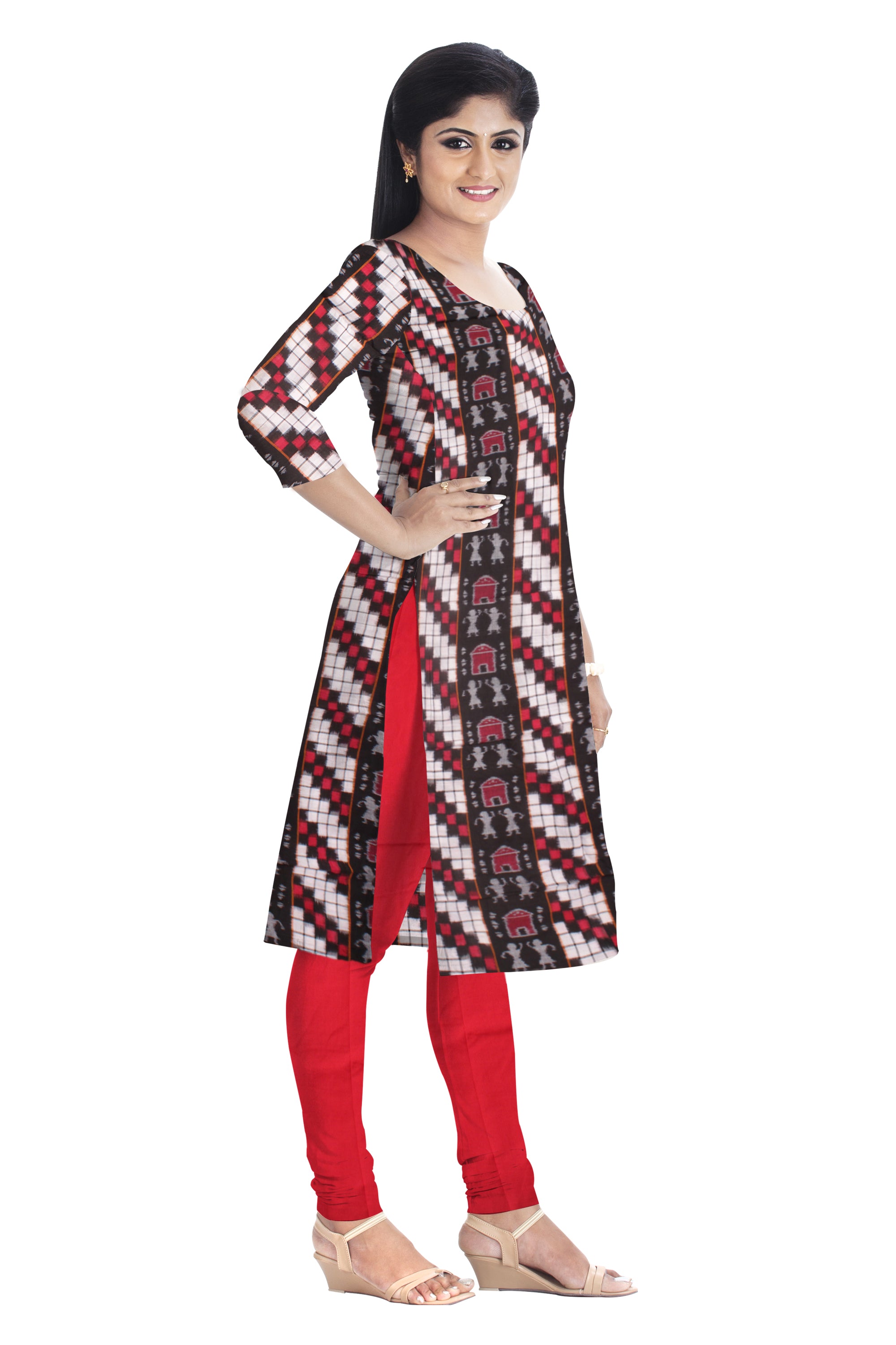 Cotton Dress Material in terracotta and pasapali pattern White, Red and Black color. Black and red colour  Dupatta  UNSTITCHED DRESS SET - Koshali Arts & Crafts Enterprise