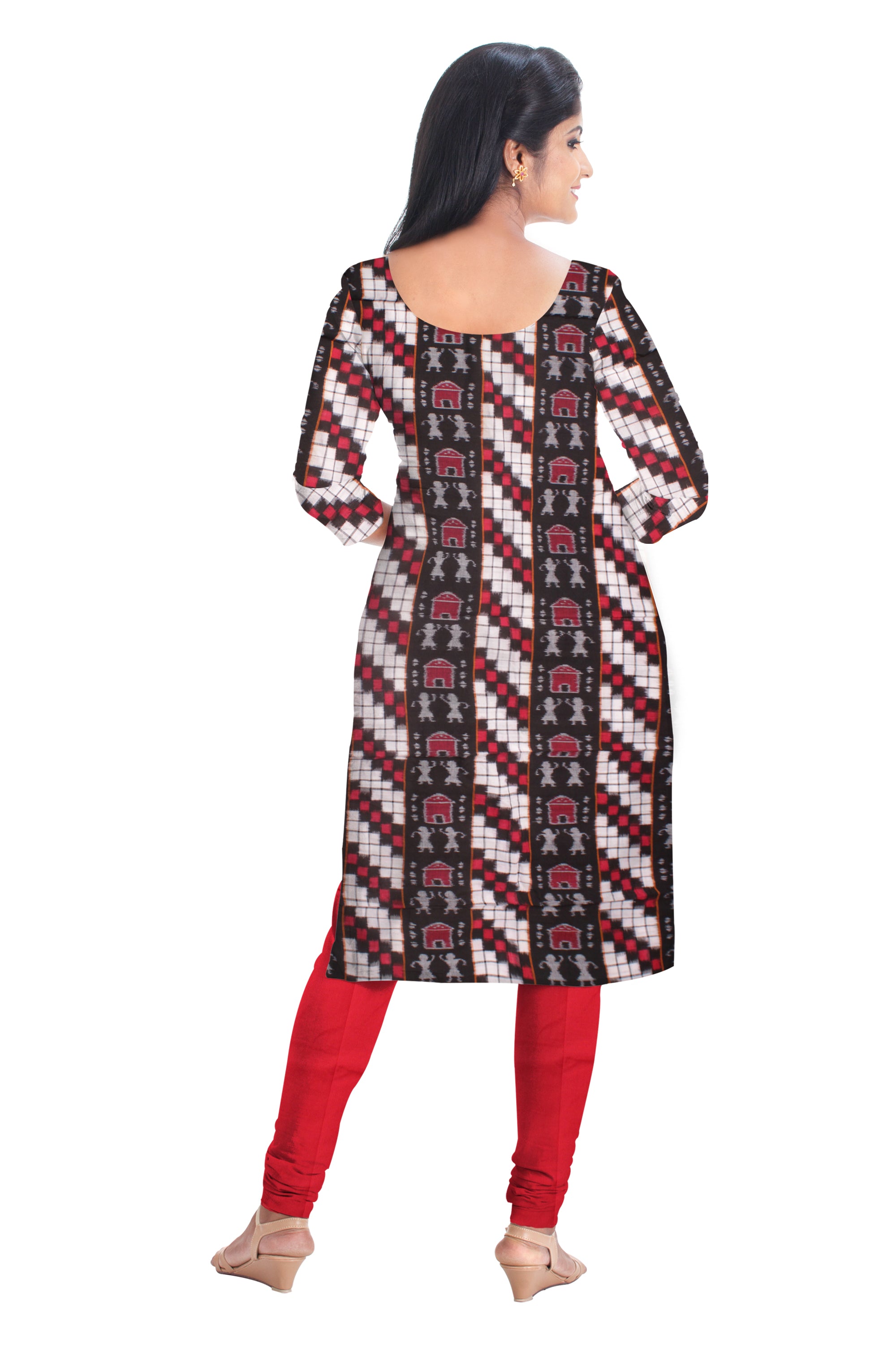 Cotton Dress Material in terracotta and pasapali pattern White, Red and Black color. Black and red colour  Dupatta  UNSTITCHED DRESS SET - Koshali Arts & Crafts Enterprise