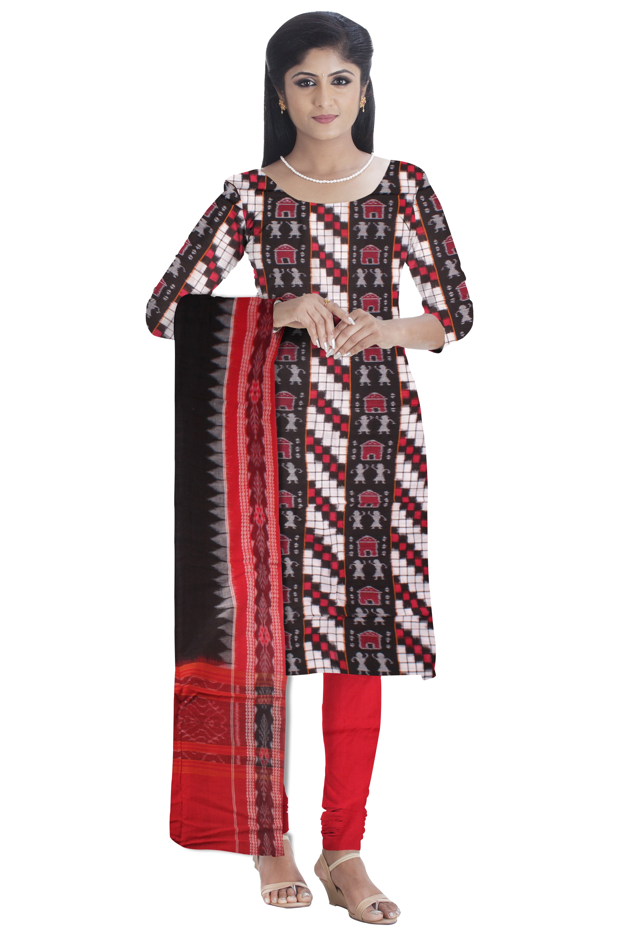 Cotton Dress Material in terracotta and pasapali pattern White, Red and Black color. Black and red colour  Dupatta  UNSTITCHED DRESS SET - Koshali Arts & Crafts Enterprise