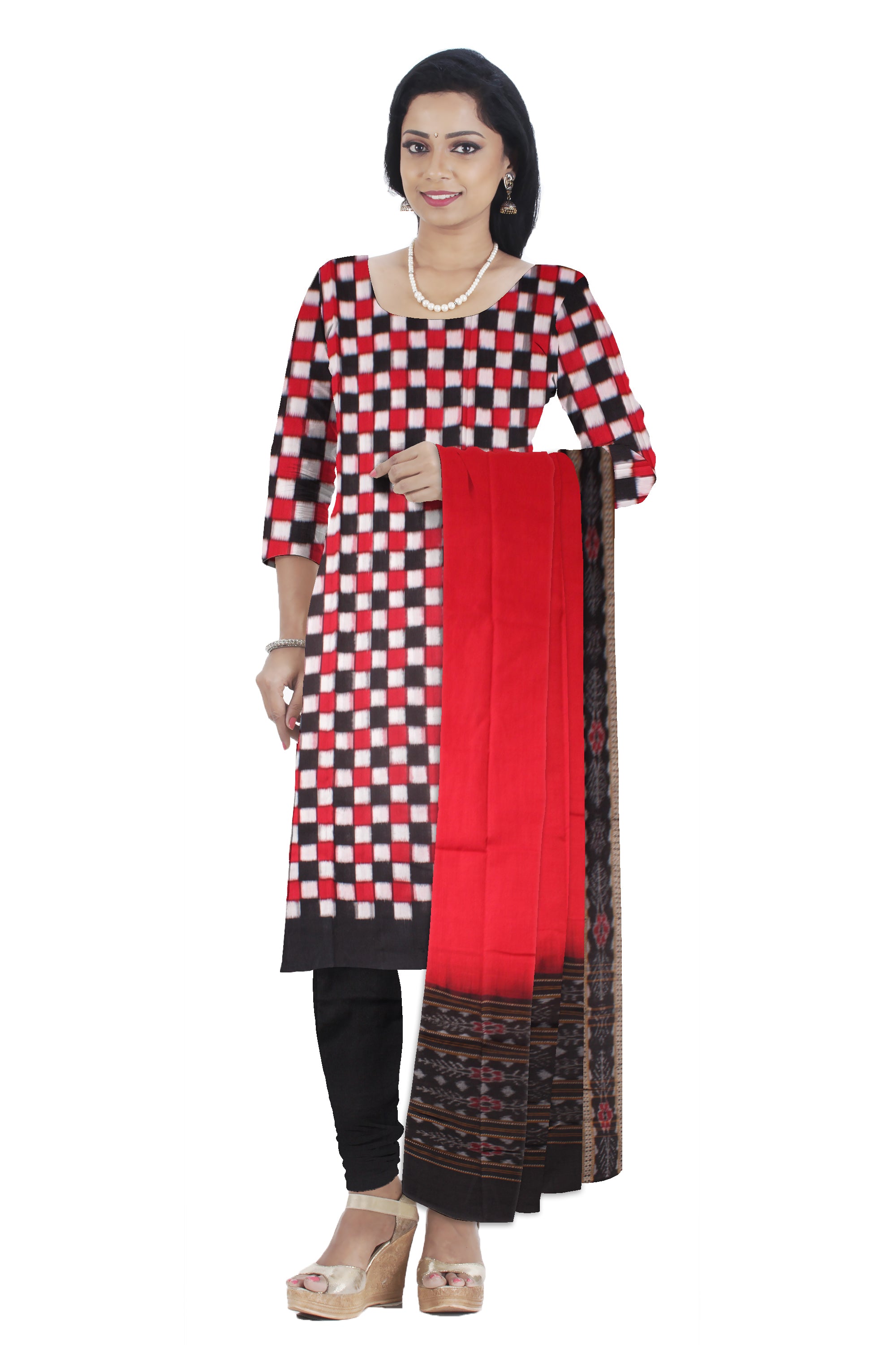 Full body pasapali pattern in red , black and white colour with dupatta. Unstitched cotton dress set. - Koshali Arts & Crafts Enterprise