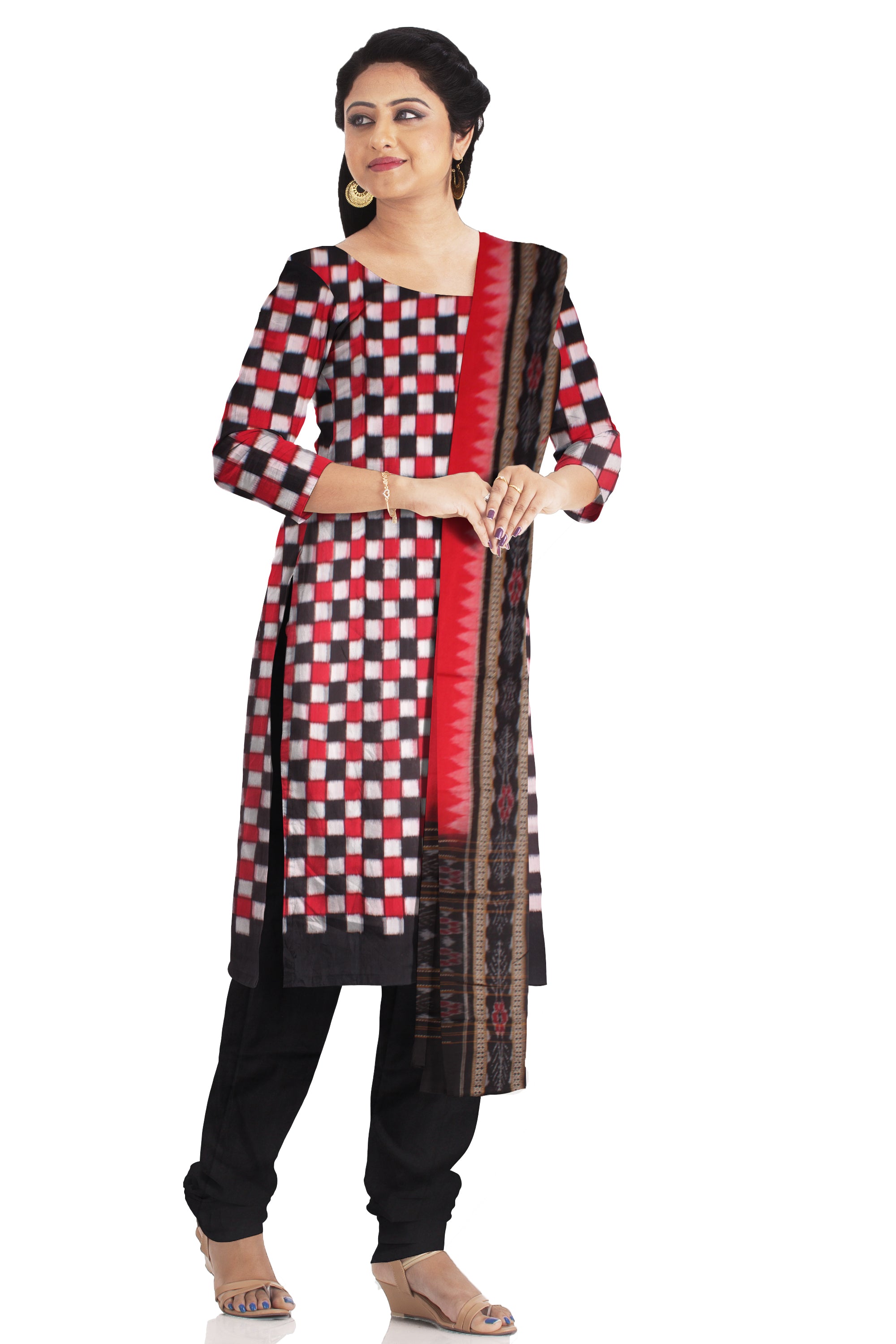 Full body pasapali pattern in red , black and white colour with dupatta. Unstitched cotton dress set. - Koshali Arts & Crafts Enterprise