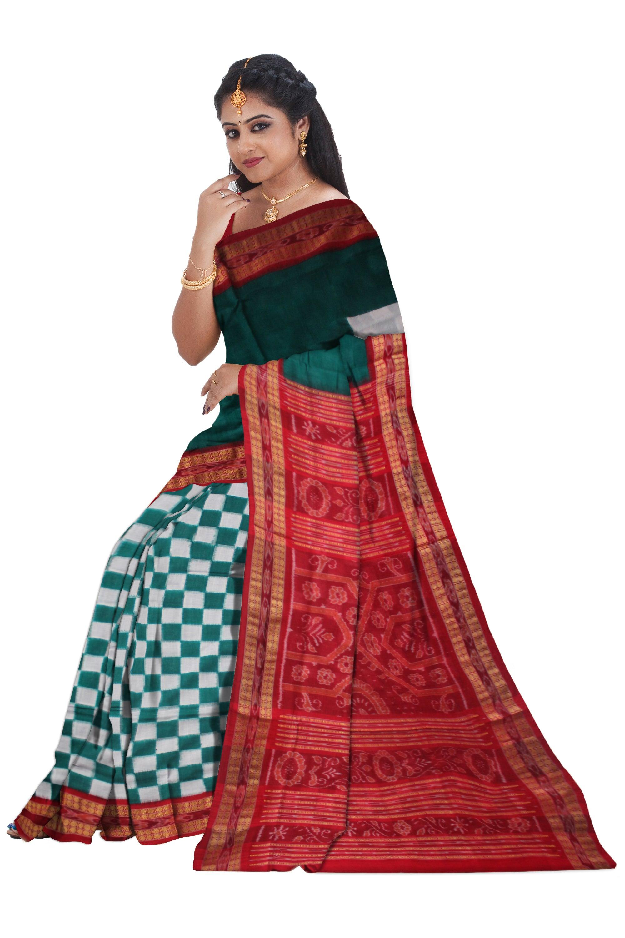 DEEP GREEN AND RED COLOR PASAPALI COTTON SAREE, WITH OUT BLOUSE PIECE. - Koshali Arts & Crafts Enterprise