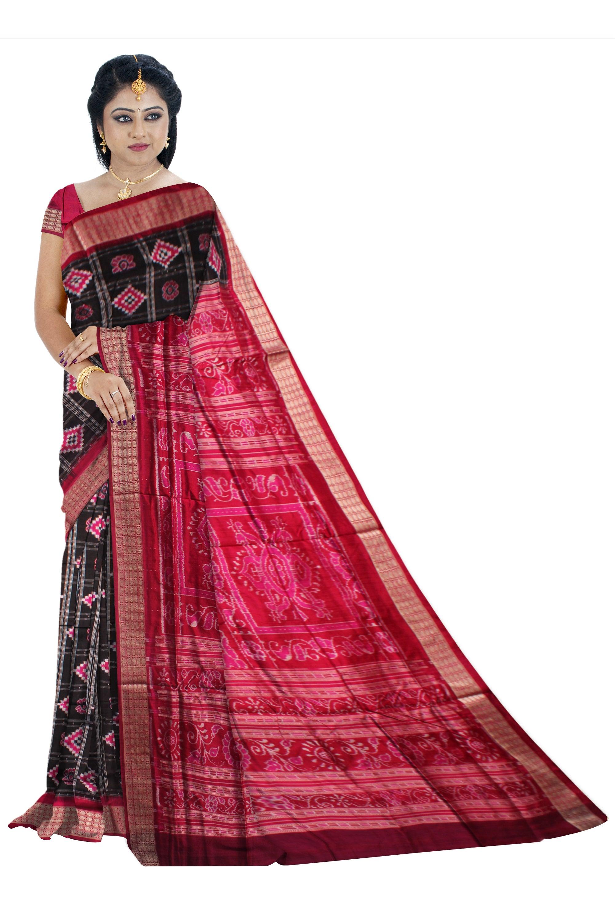 ORIGINAL SILK SAREE IN PASAPALI DESIGN IN BLACK AND PINK COLOR BASE, ATTACHED WITH BLOUSE PIECE. - Koshali Arts & Crafts Enterprise