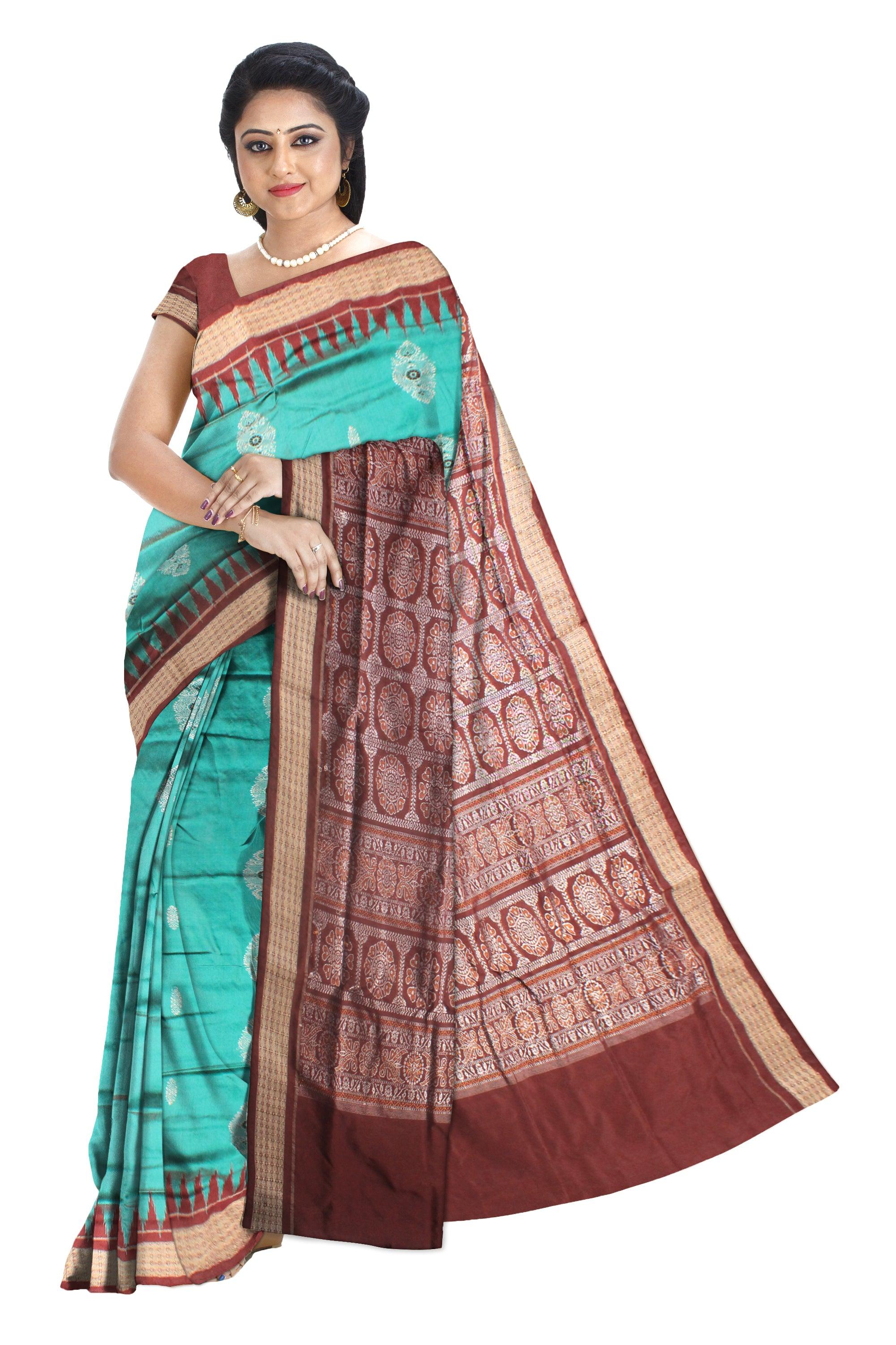 SEAGREEN AND COFFEE COLOR SONEPUR PADMA PATA SAREE WITH BLOUSE PIECE. - Koshali Arts & Crafts Enterprise