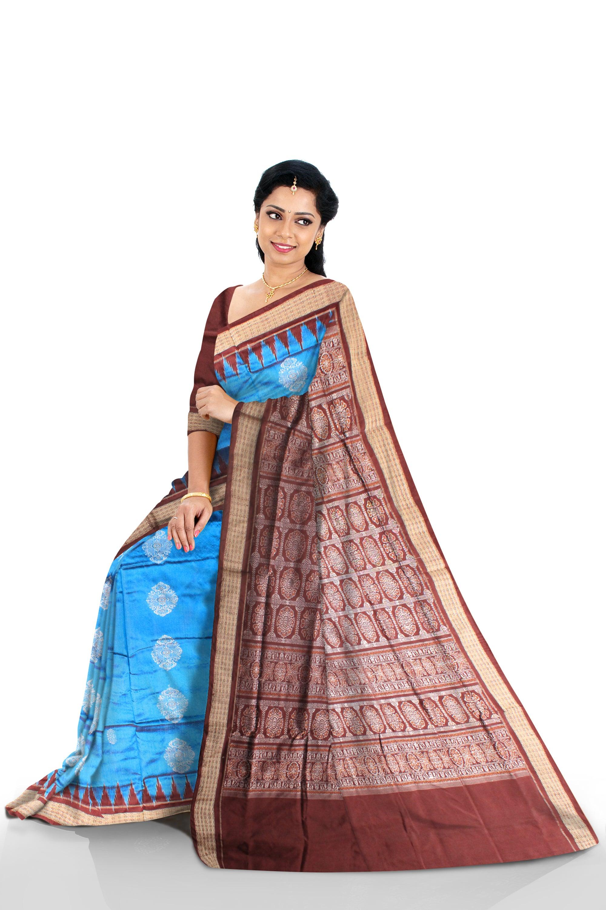 SKY AND COFFEE COLOR SONEPURI PADMA PATA SAREE WITH BLOUSE PIECE. - Koshali Arts & Crafts Enterprise