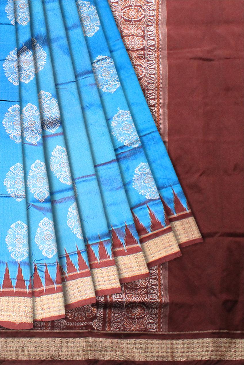 SKY AND COFFEE COLOR SONEPURI PADMA PATA SAREE WITH BLOUSE PIECE. - Koshali Arts & Crafts Enterprise