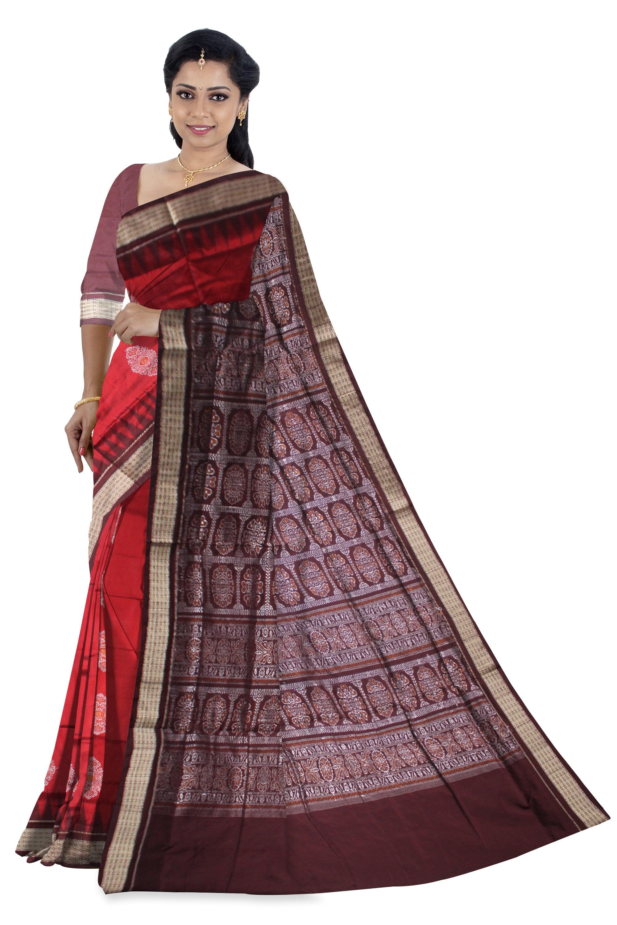 RED AND COFFEE COLOR PADMA PATA SAREE, WITH BLOUSE PIECE. - Koshali Arts & Crafts Enterprise