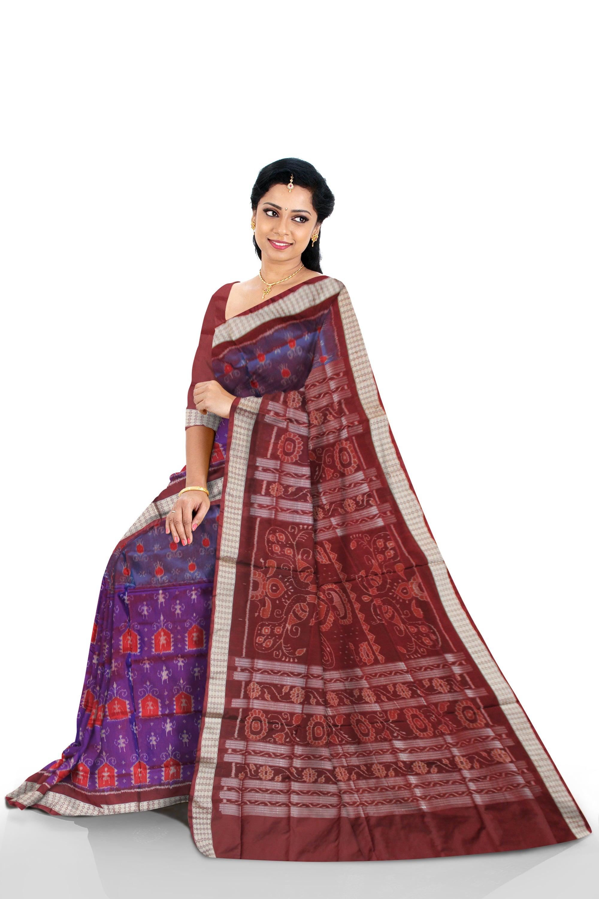 LATEST TRADITIONAL  PATTERN BODY TERRACOTTA PATTERN PATA SAREE IS PURPLE AND COFFEE COLOR BASE, ATTACHED WITH MATCHING BLOUSE PIECE. - Koshali Arts & Crafts Enterprise