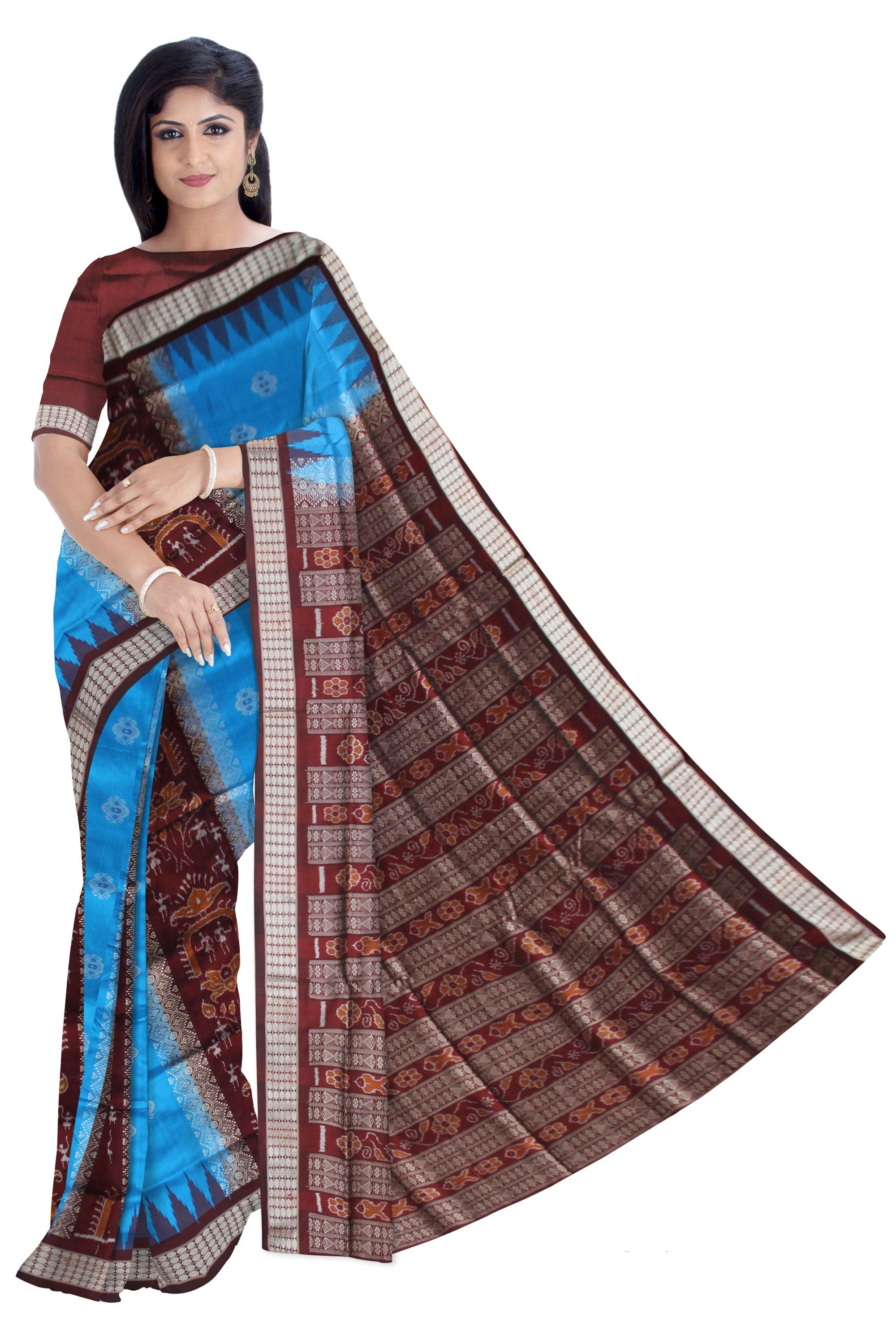 TERRACOTTA WITH BOMKEI PATTERN NEW COLLECTION  PURE SILK SAREE IS SKY AND COFFEE COLOR BASE, COMES WITH MATCHNG BLOUSE PIECE. - Koshali Arts & Crafts Enterprise