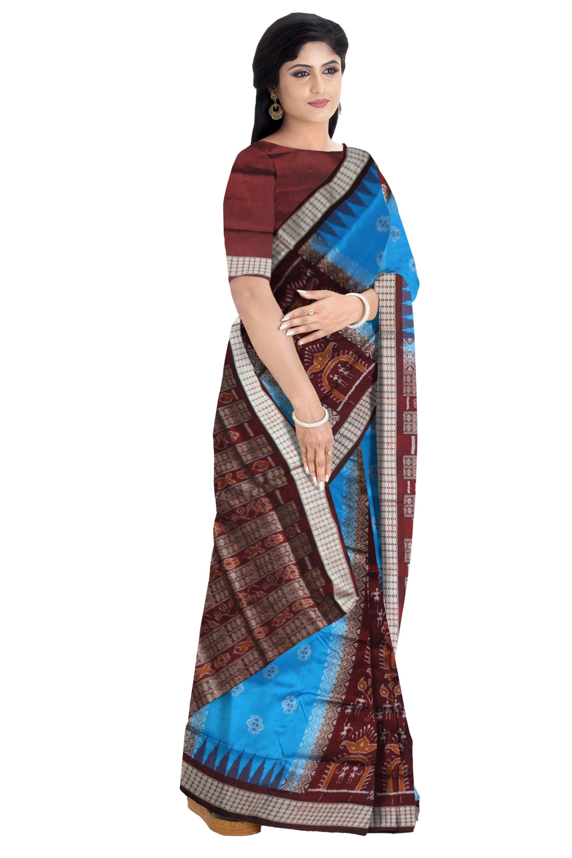 TERRACOTTA WITH BOMKEI PATTERN NEW COLLECTION  PURE SILK SAREE IS SKY AND COFFEE COLOR BASE, COMES WITH MATCHNG BLOUSE PIECE. - Koshali Arts & Crafts Enterprise