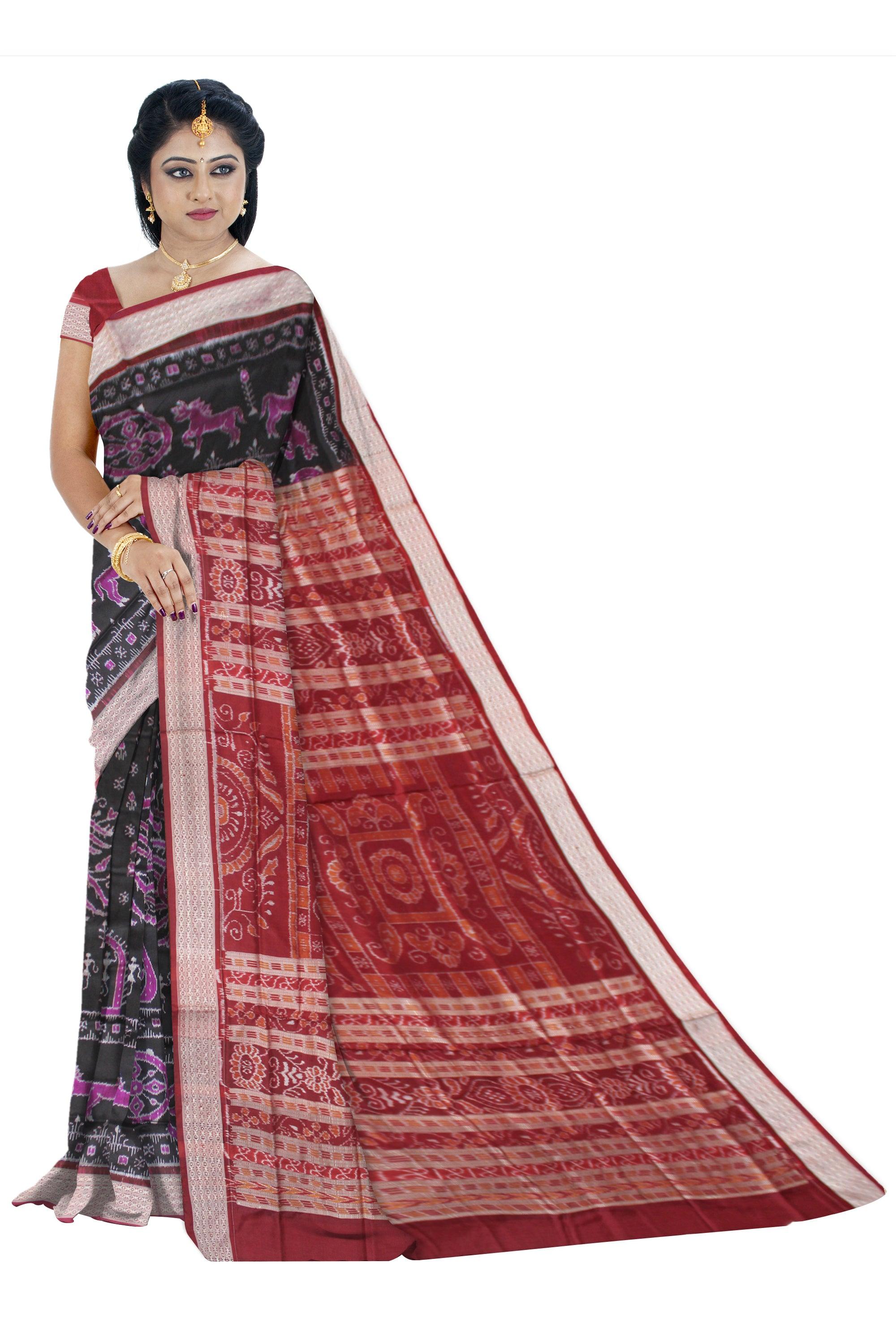 TRADITIONAL VILLAGE PATTERN PURE SILK SAREE IS BLACK AND MAROON COLOR BASE, AVAILABLE WITH BLOUSE PIECE. - Koshali Arts & Crafts Enterprise