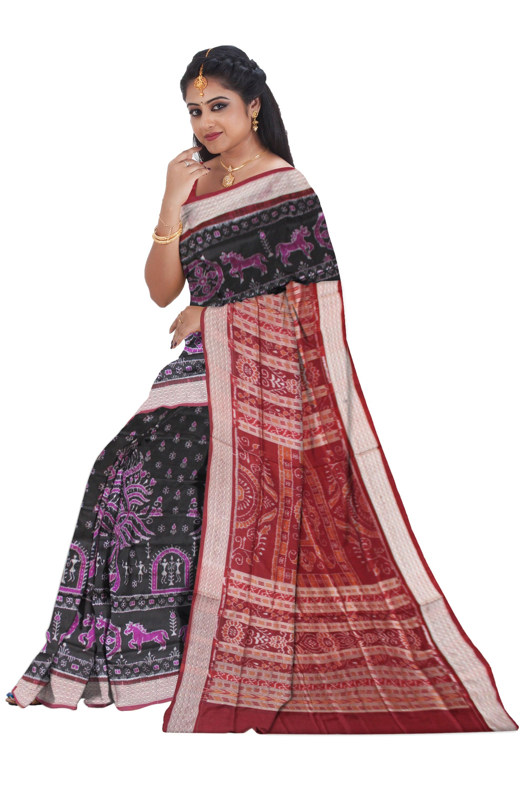TRADITIONAL VILLAGE PATTERN PURE SILK SAREE IS BLACK AND MAROON COLOR BASE, AVAILABLE WITH BLOUSE PIECE. - Koshali Arts & Crafts Enterprise
