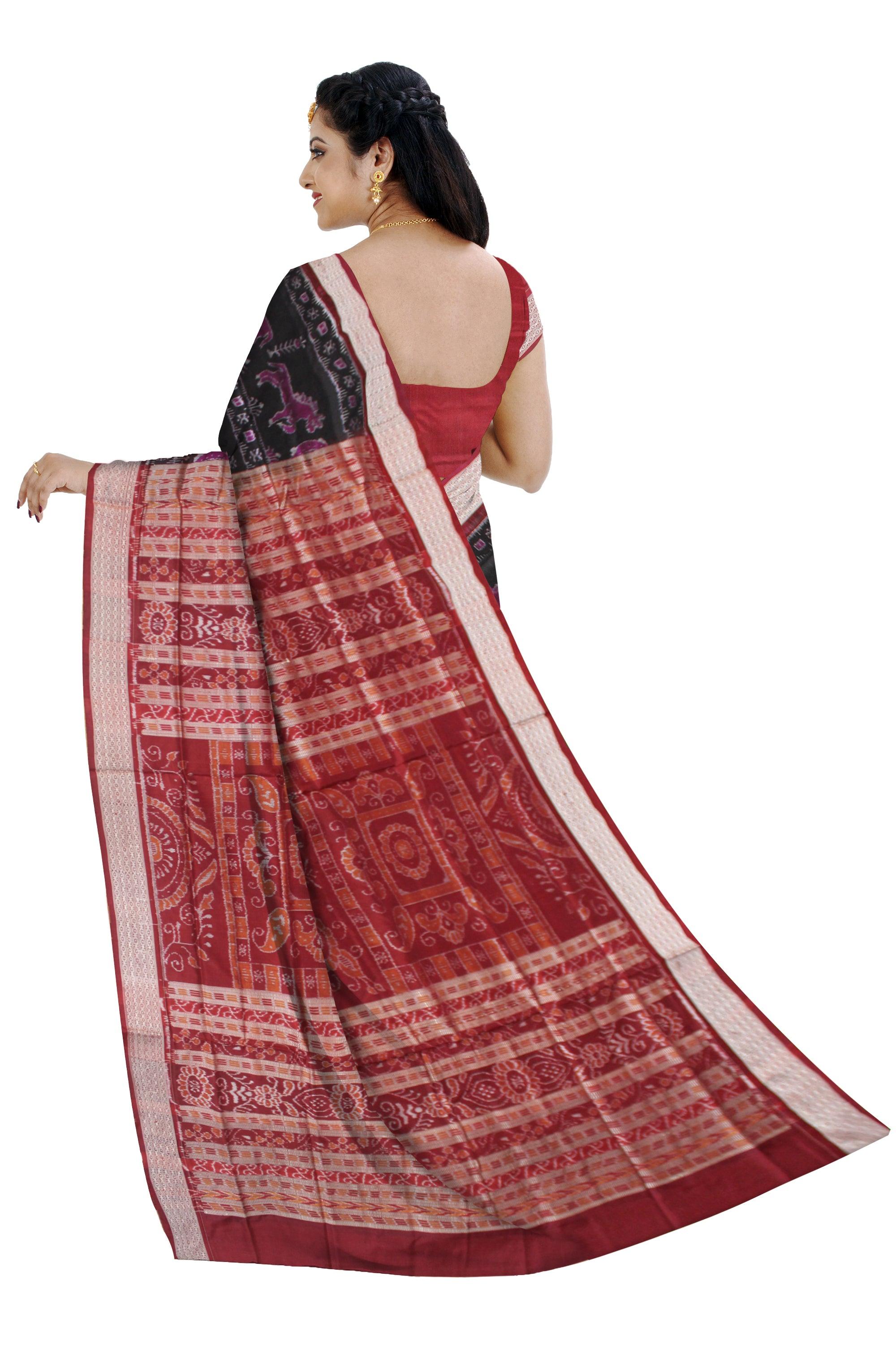 TRADITIONAL VILLAGE PATTERN PURE SILK SAREE IS BLACK AND MAROON COLOR BASE, AVAILABLE WITH BLOUSE PIECE. - Koshali Arts & Crafts Enterprise