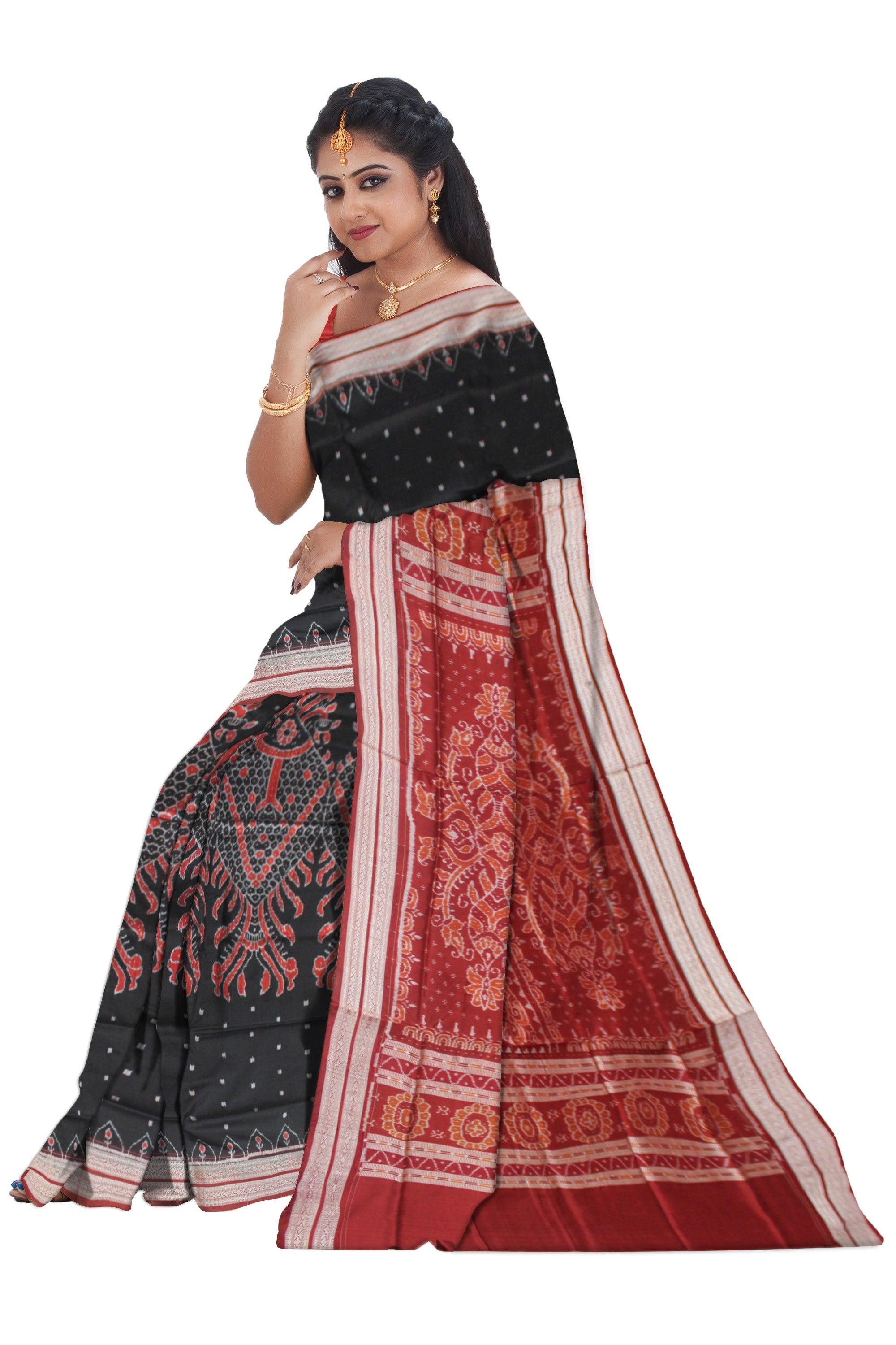 FISH PATTERN PURE SILK SAREE IS BLACK AND MAROON COLOR BASE, ATTACHED WITH MATCHING BLOUSE PIECE. - Koshali Arts & Crafts Enterprise