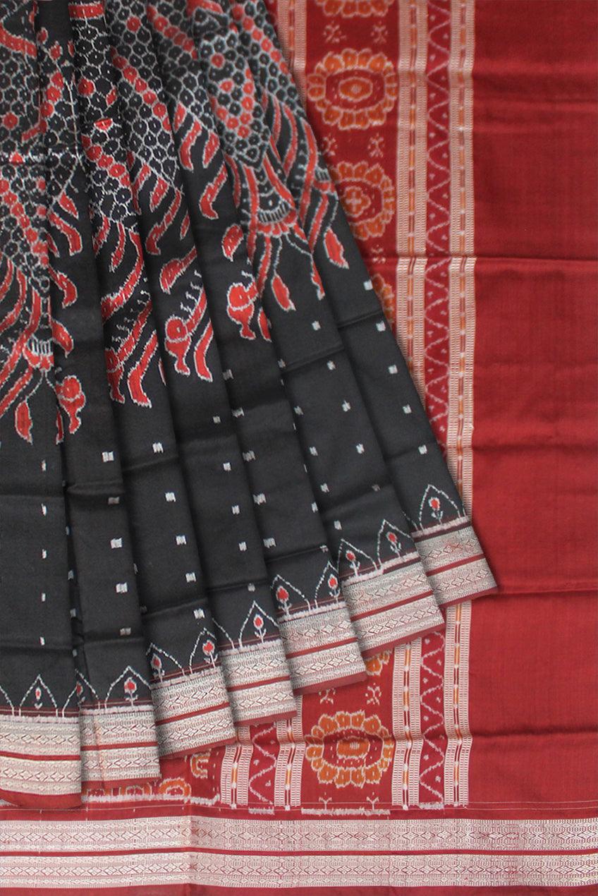 FISH PATTERN PURE SILK SAREE IS BLACK AND MAROON COLOR BASE, ATTACHED WITH MATCHING BLOUSE PIECE. - Koshali Arts & Crafts Enterprise
