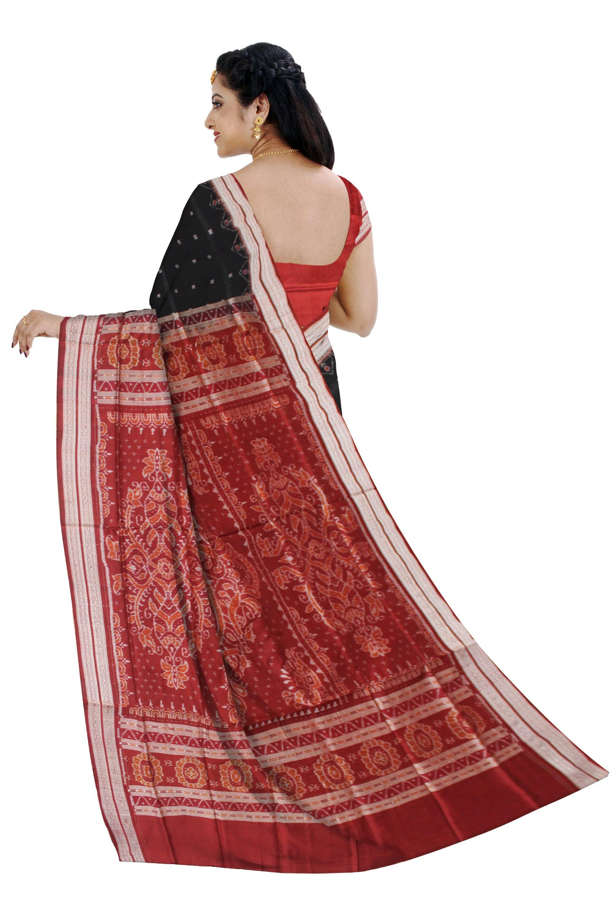 FISH PATTERN PURE SILK SAREE IS BLACK AND MAROON COLOR BASE, ATTACHED WITH MATCHING BLOUSE PIECE. - Koshali Arts & Crafts Enterprise