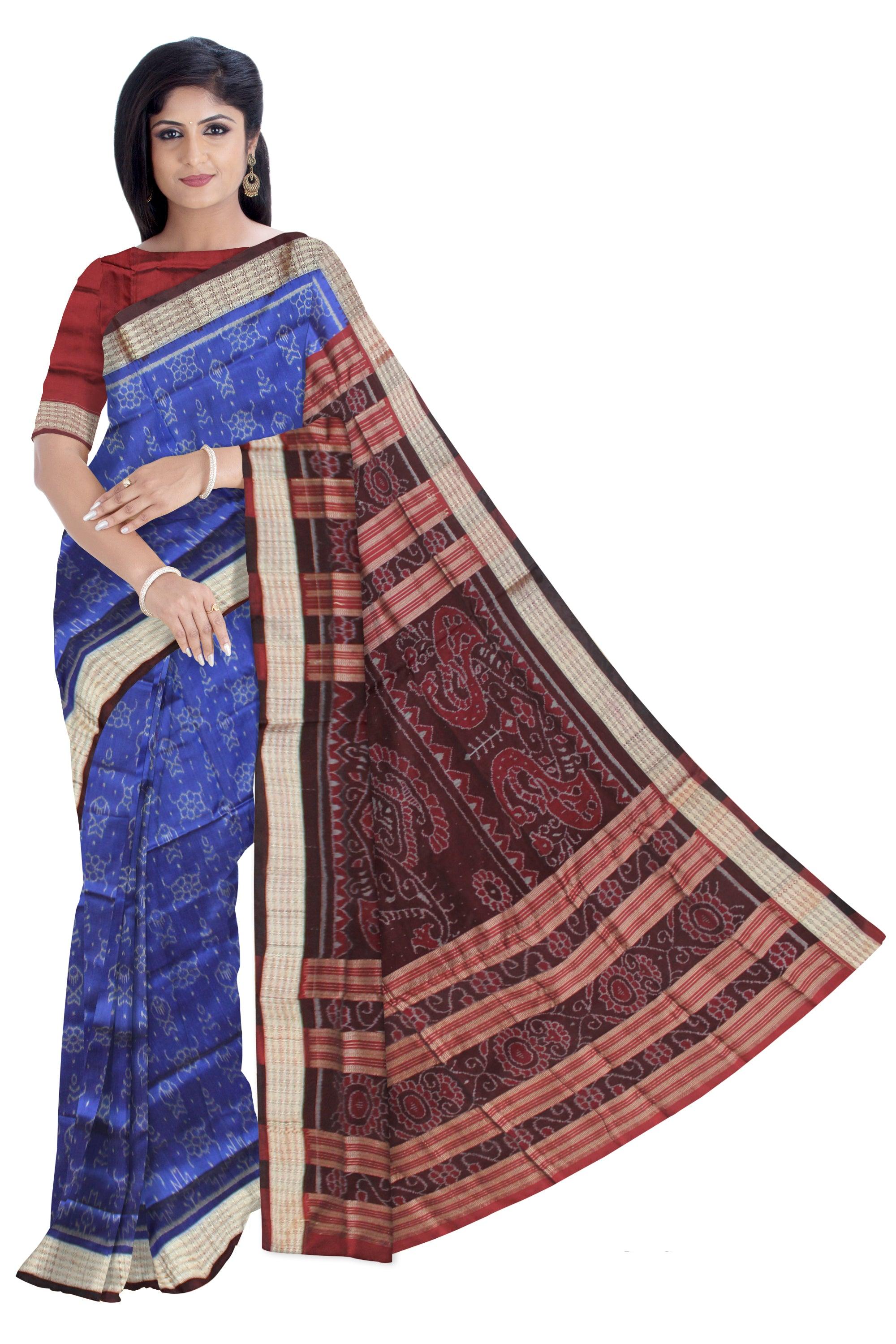 SMALL FISH AND FLOWER PATTERN PATA SAREE IS BLUE AND COFFEE COLOR BASE, COMES WITH MATCHING BLOUSE PIECE. - Koshali Arts & Crafts Enterprise