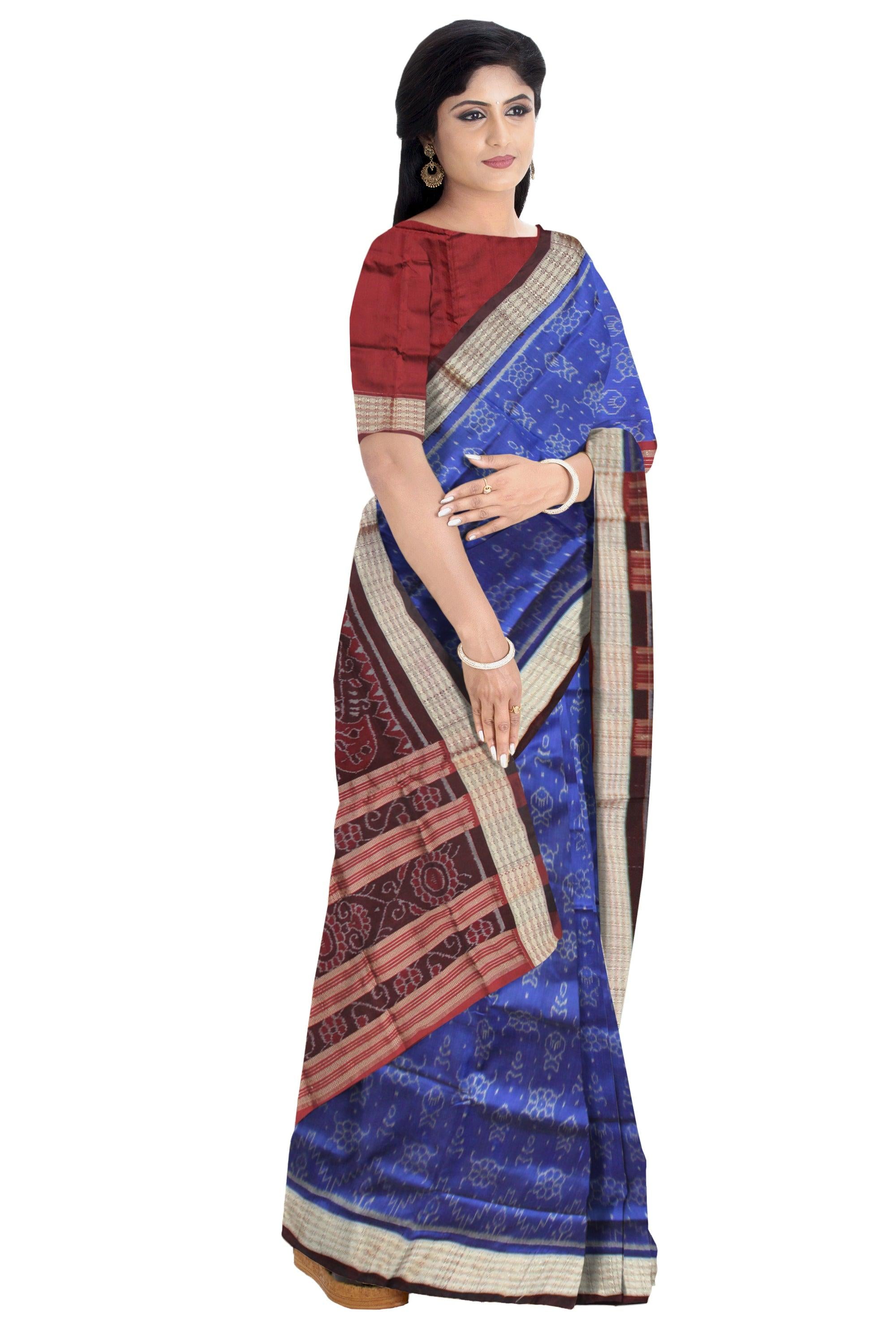 SMALL FISH AND FLOWER PATTERN PATA SAREE IS BLUE AND COFFEE COLOR BASE, COMES WITH MATCHING BLOUSE PIECE. - Koshali Arts & Crafts Enterprise