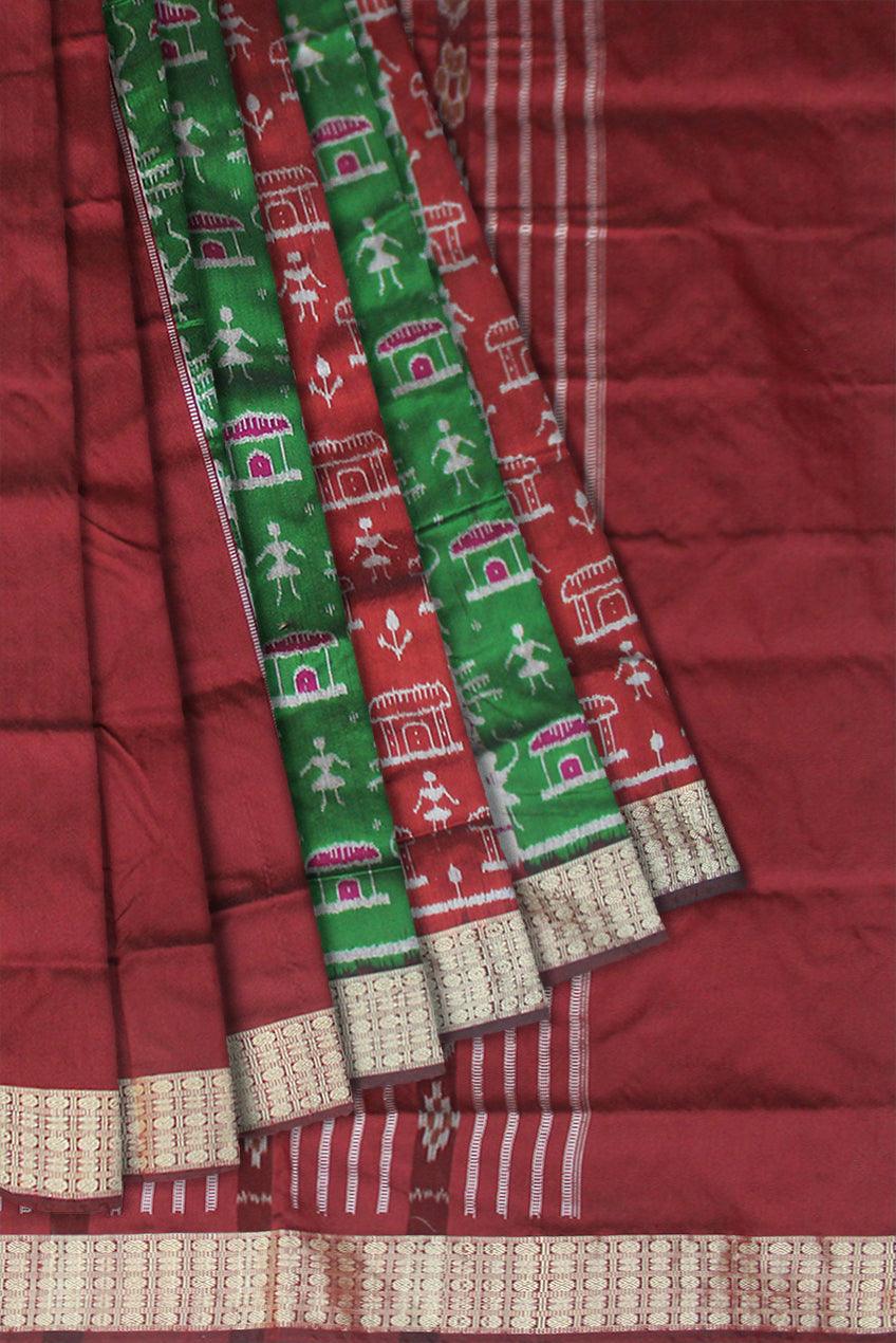BODY TERRACOTTA PATTERN GREEN, SILVER AND MAROON COLOR PATLI PATA SAREE, WITH MATCHING BLOUSE PIECE. - Koshali Arts & Crafts Enterprise