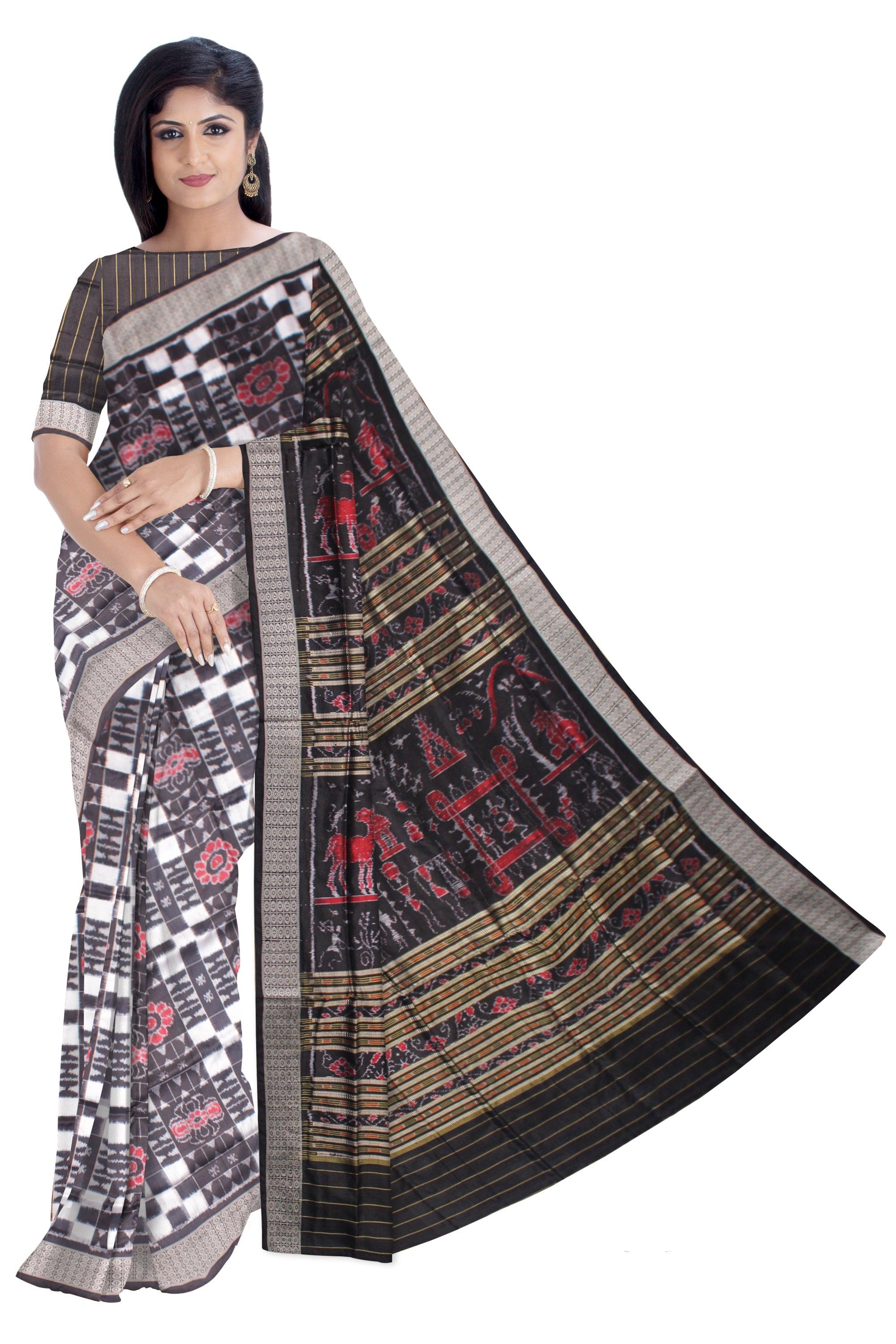 PASAPALI WORK PURE SILK SAREE IS BLACK AND WHITE COLOR BASE, WITH BLOUSE PIECE. - Koshali Arts & Crafts Enterprise