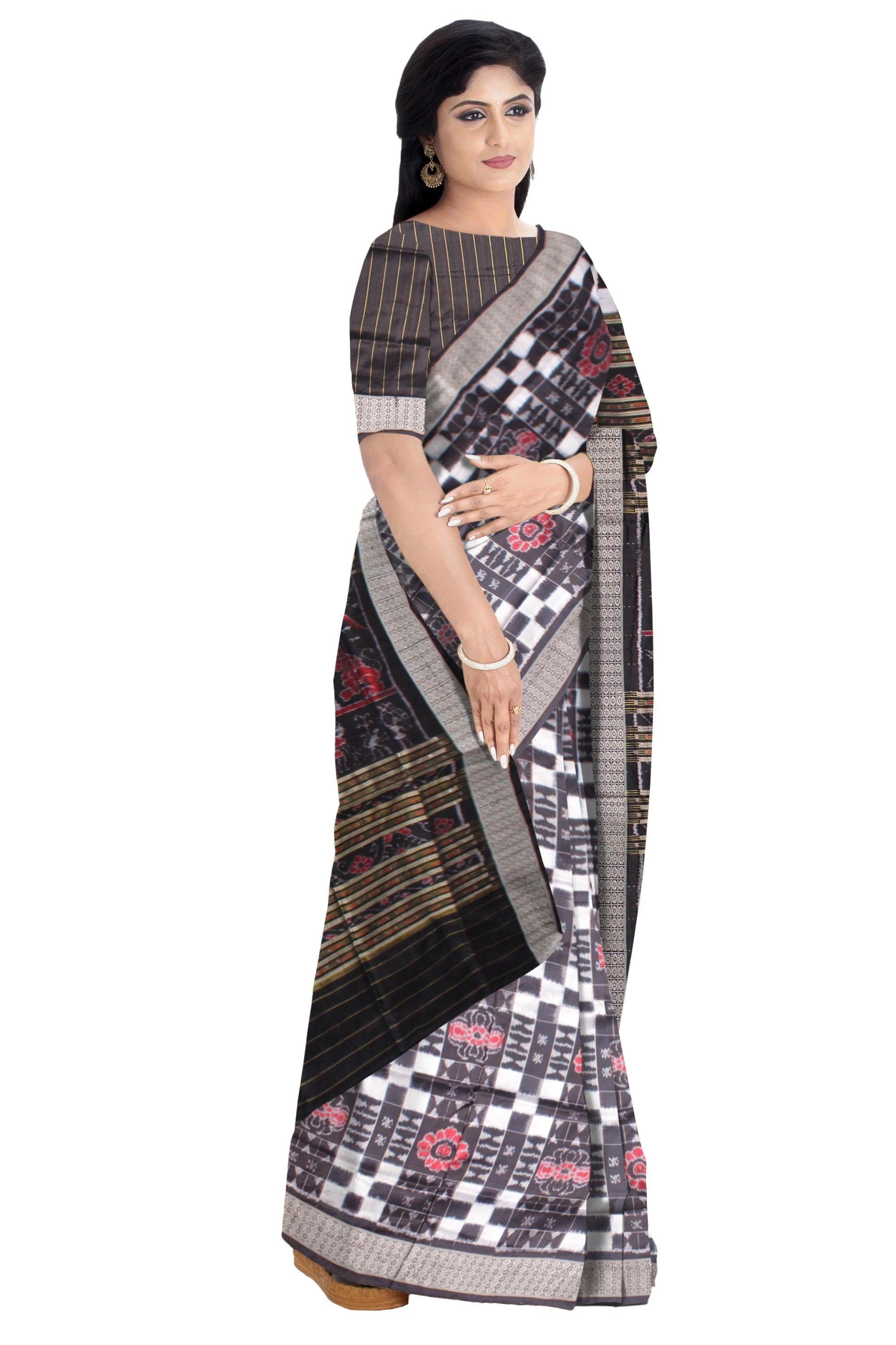 PASAPALI WORK PURE SILK SAREE IS BLACK AND WHITE COLOR BASE, WITH BLOUSE PIECE. - Koshali Arts & Crafts Enterprise