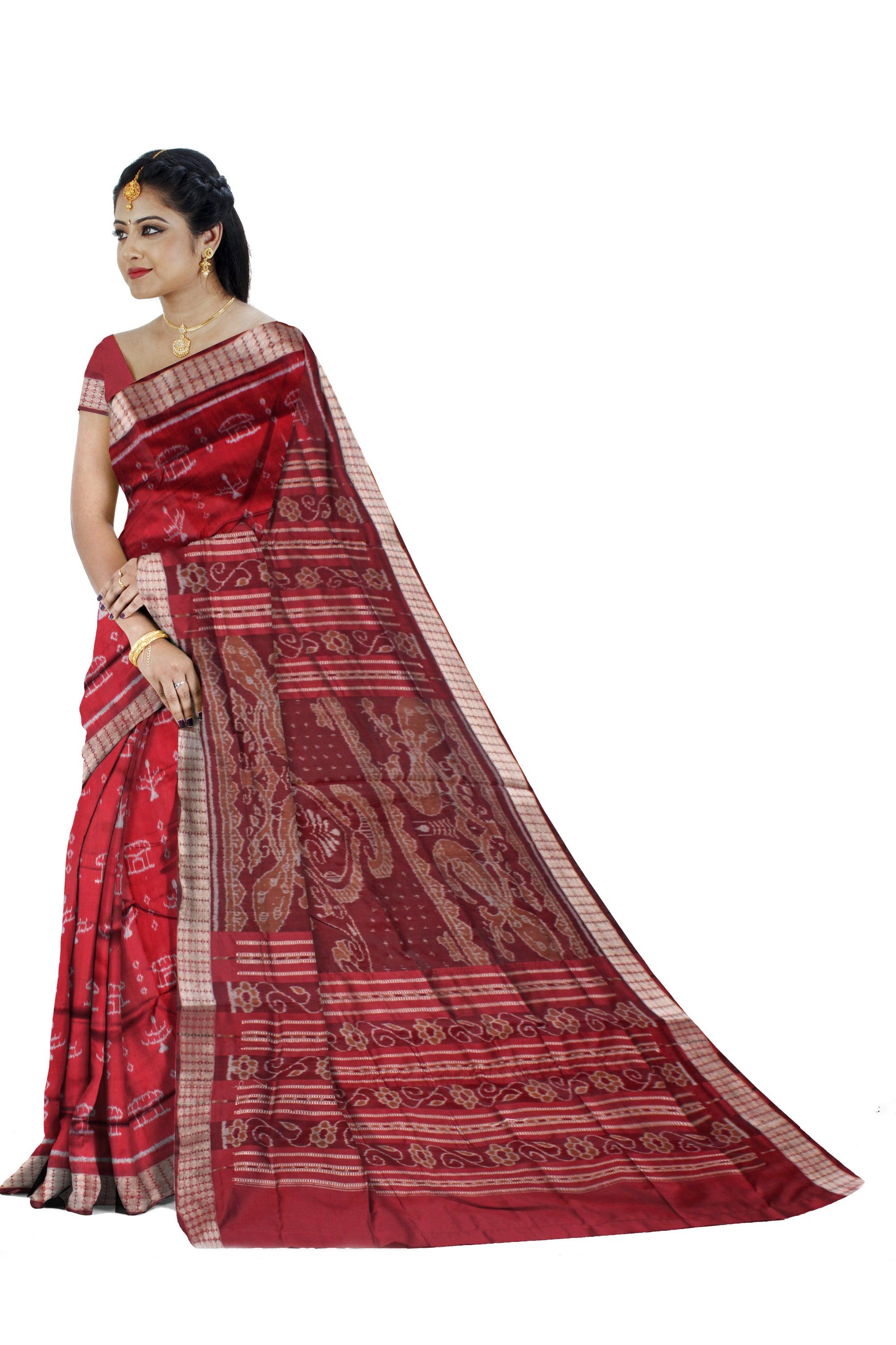 SMALL HOUSE AND TREE PATTERN PATA SAREE IS  MAROON AND COFFEE COLRO BASE, WITH MATCHING BLOUSE PIECE. - Koshali Arts & Crafts Enterprise