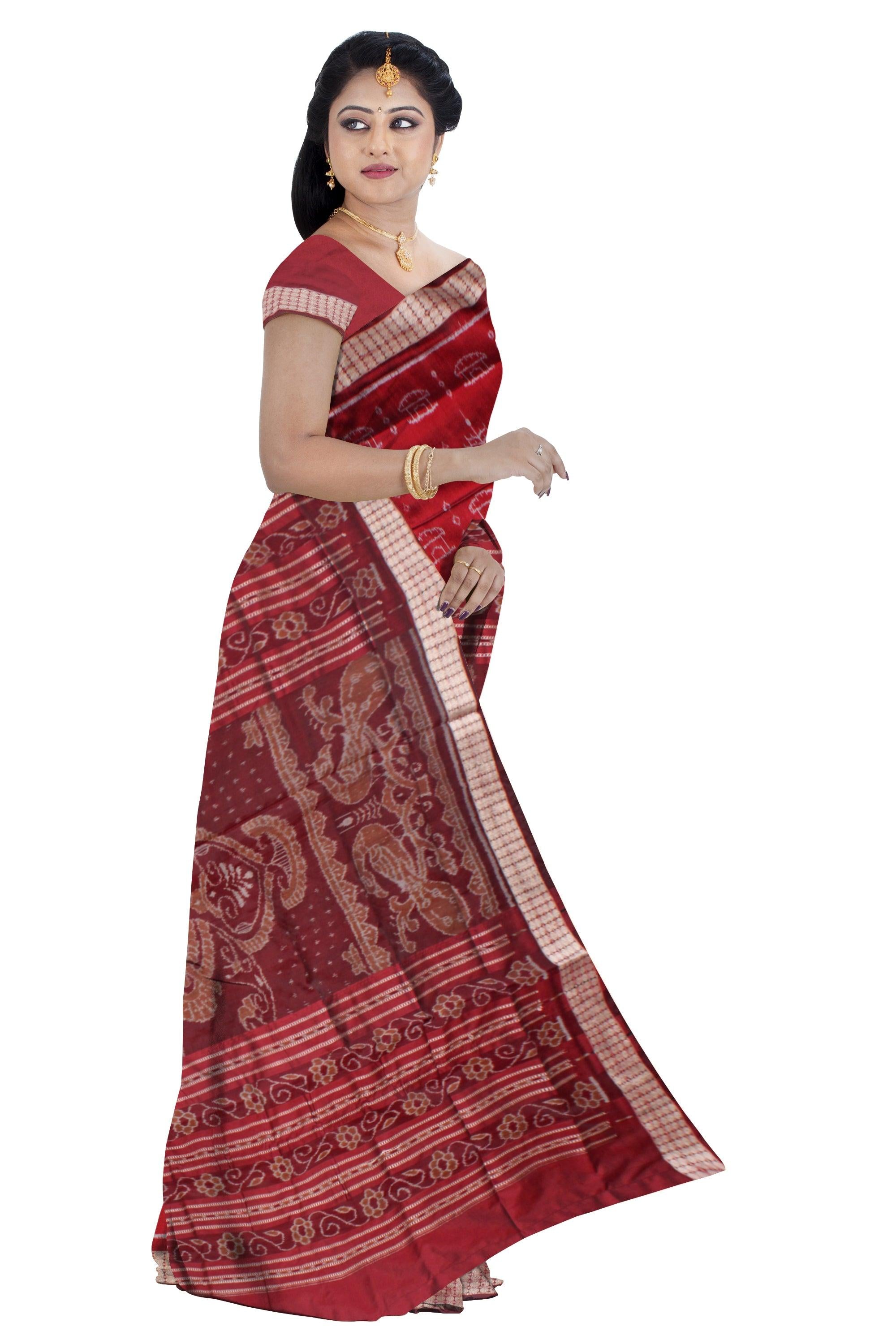 SMALL HOUSE AND TREE PATTERN PATA SAREE IS  MAROON AND COFFEE COLRO BASE, WITH MATCHING BLOUSE PIECE. - Koshali Arts & Crafts Enterprise