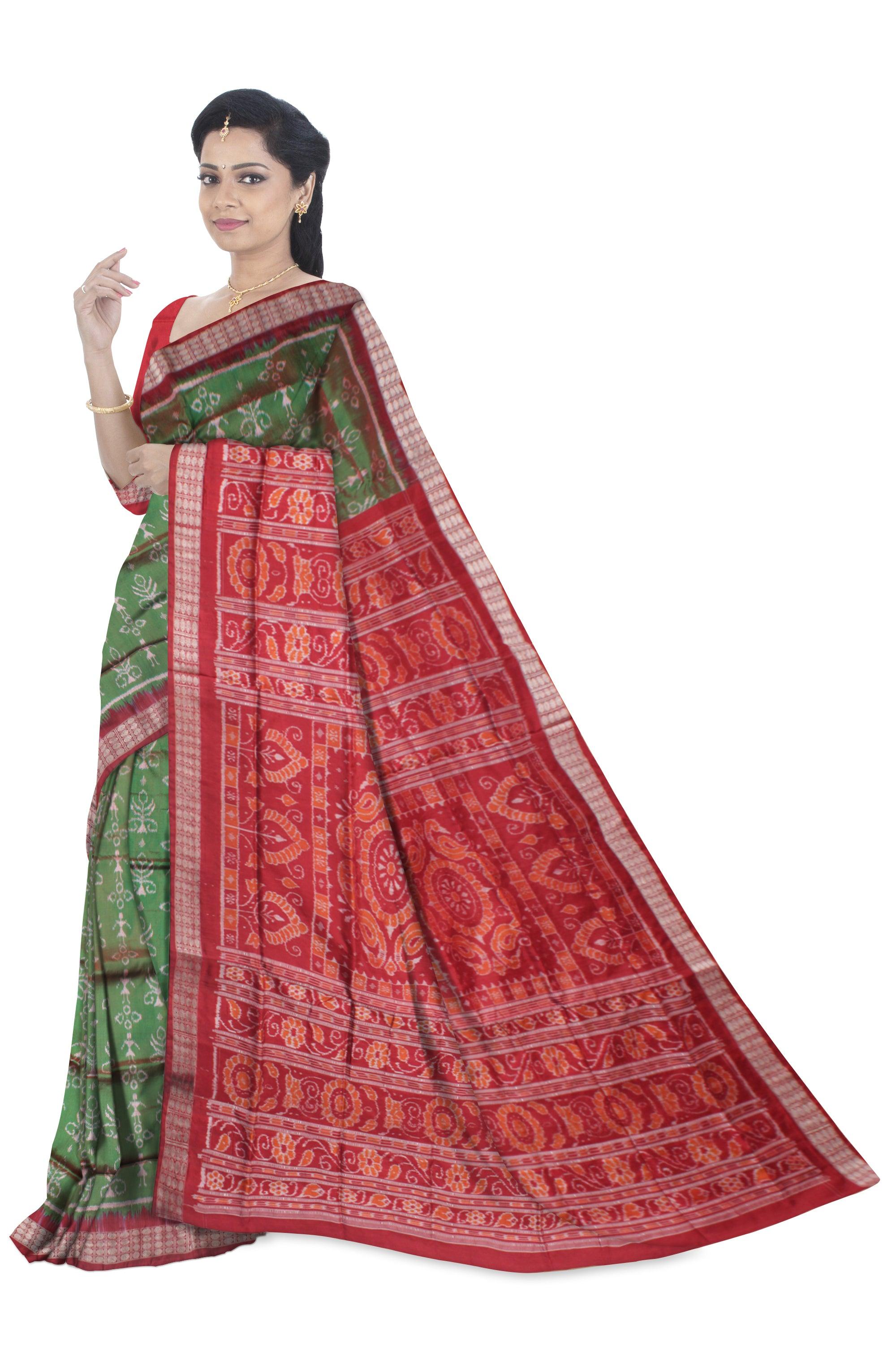 DARK GREEN AND RED COLOR TERRACOTTA PATTERN PATA SAREE , WITH MATCHING BLOUSE PIECE. - Koshali Arts & Crafts Enterprise