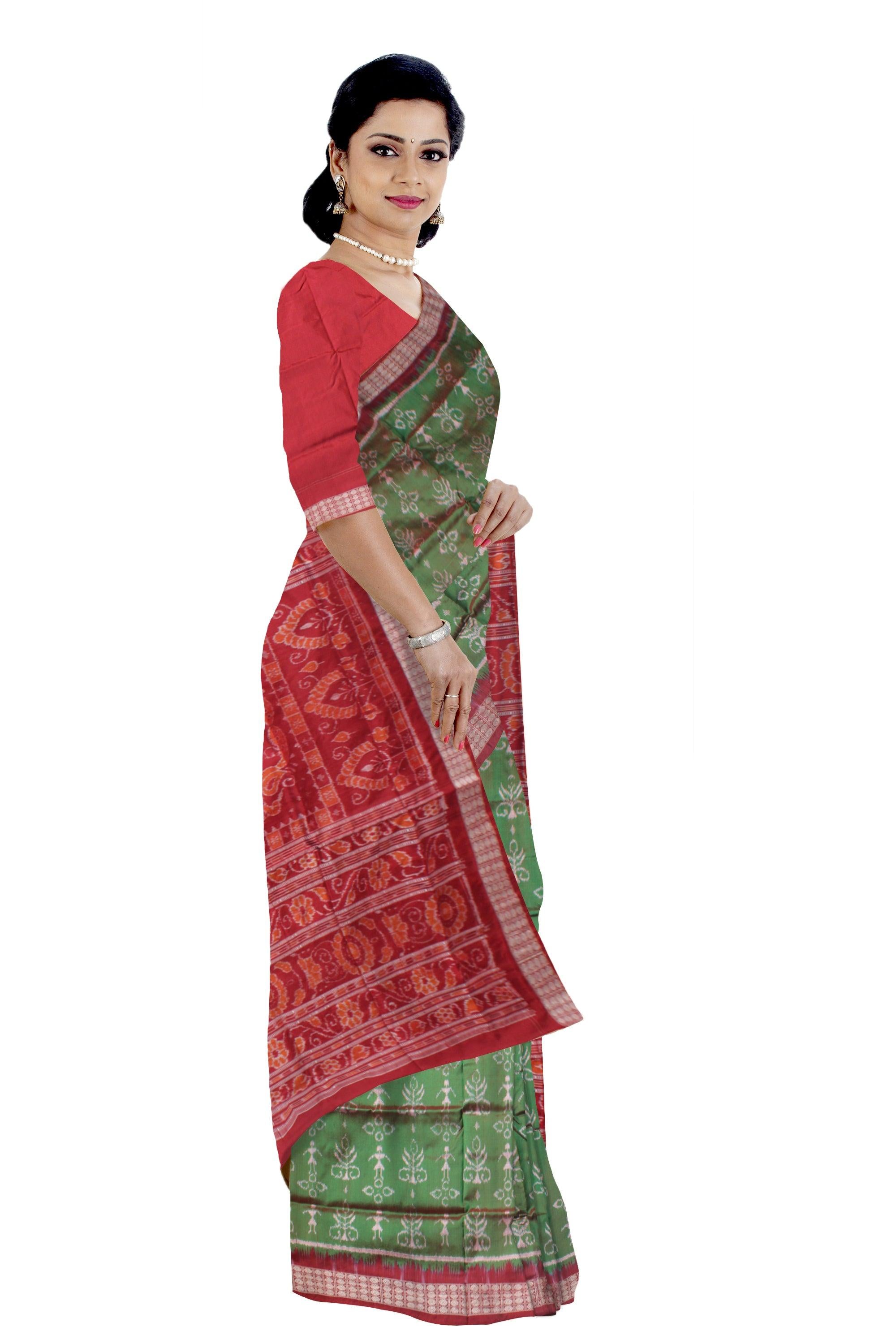 DARK GREEN AND RED COLOR TERRACOTTA PATTERN PATA SAREE , WITH MATCHING BLOUSE PIECE. - Koshali Arts & Crafts Enterprise